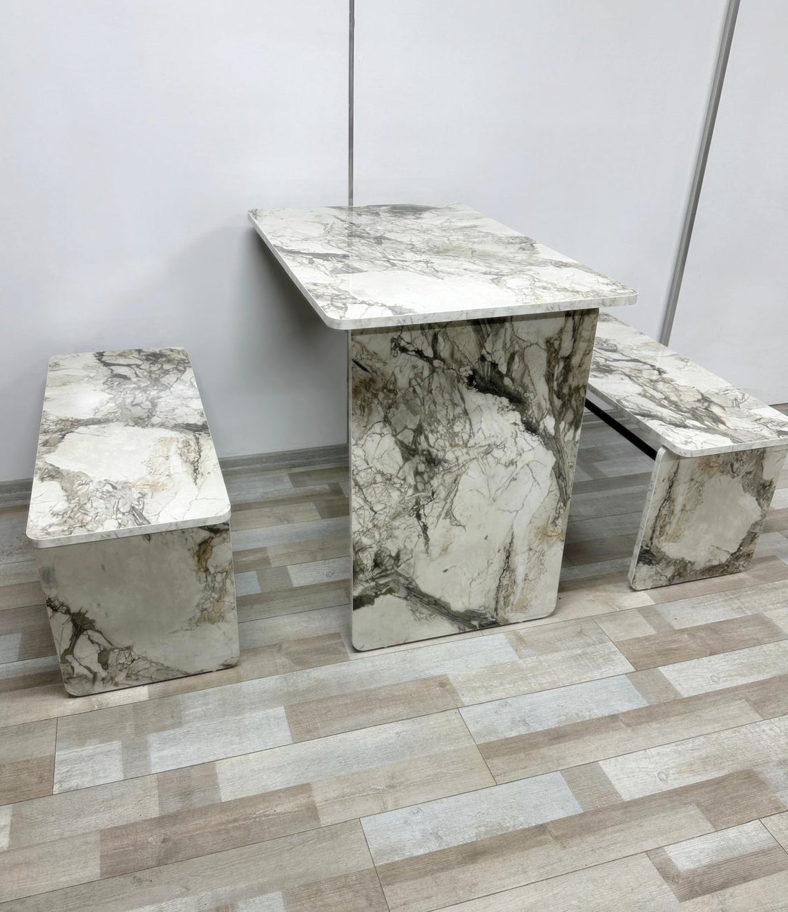 Shelf Table with Stools Series - White Marble MDF Top, Iron Mechanism