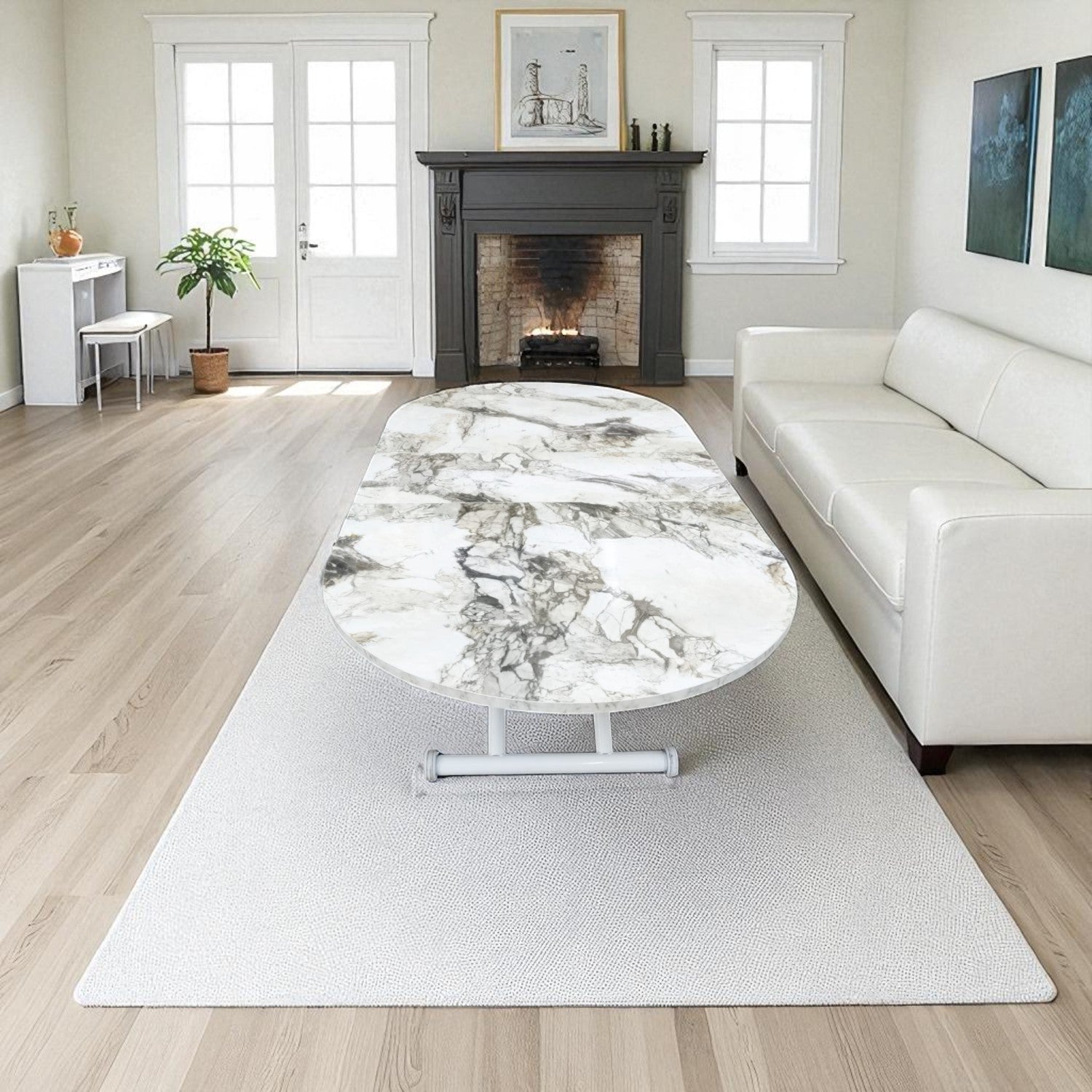 Center Opening Smart Oval Table Series - MDF Top, White Base