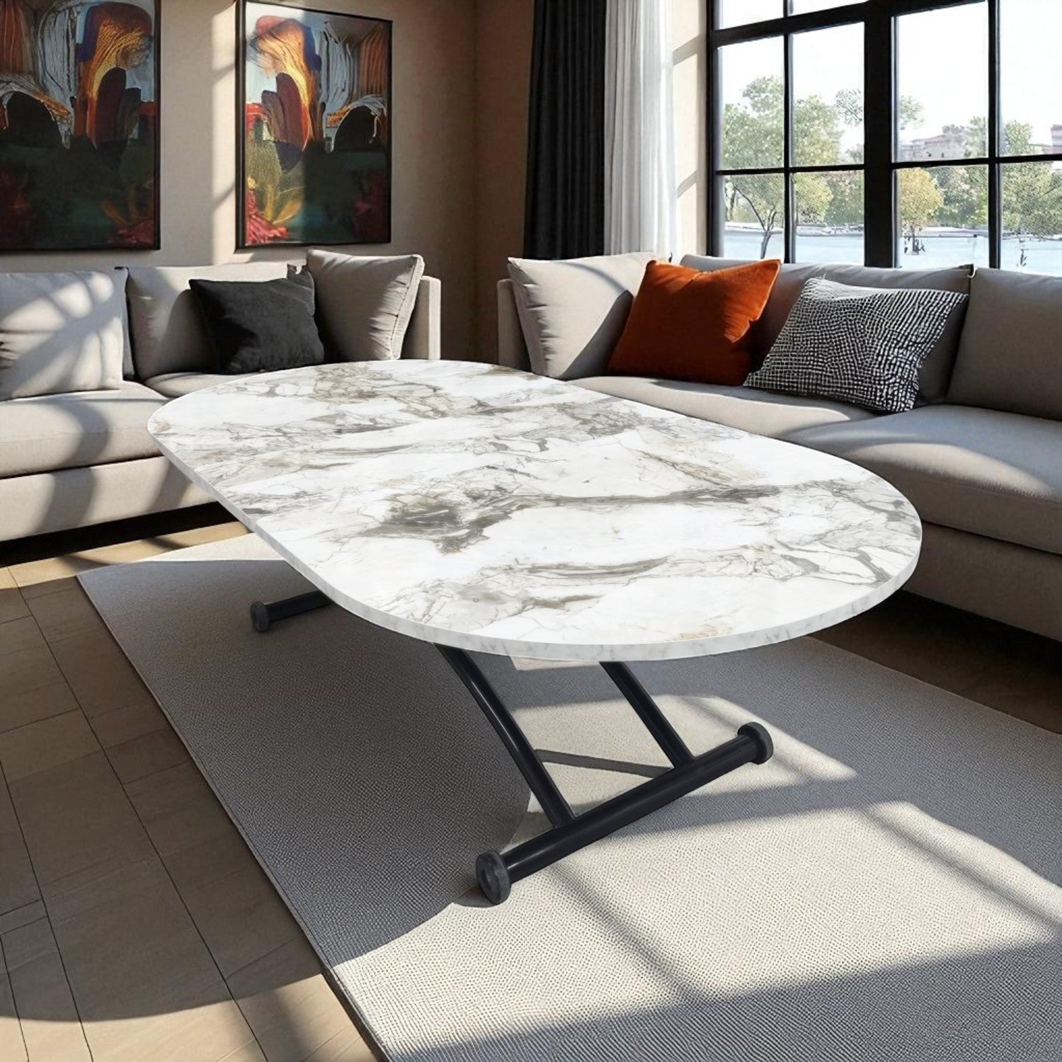 Center Opening Smart Oval Table Series - MDF Top, Black Base