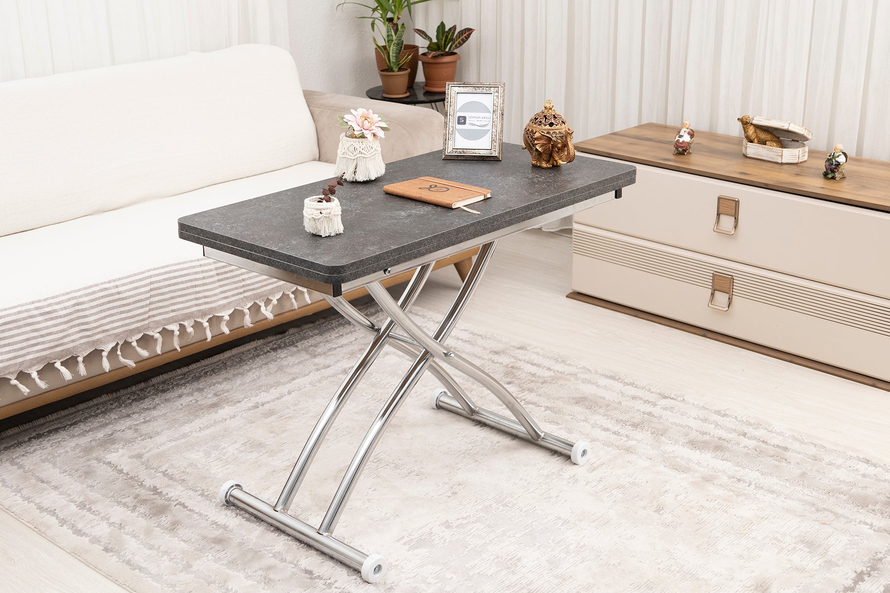 Mini Juppo Series - Smart Table, Oval Corner MDF Top, Chrome Outward Curved Base