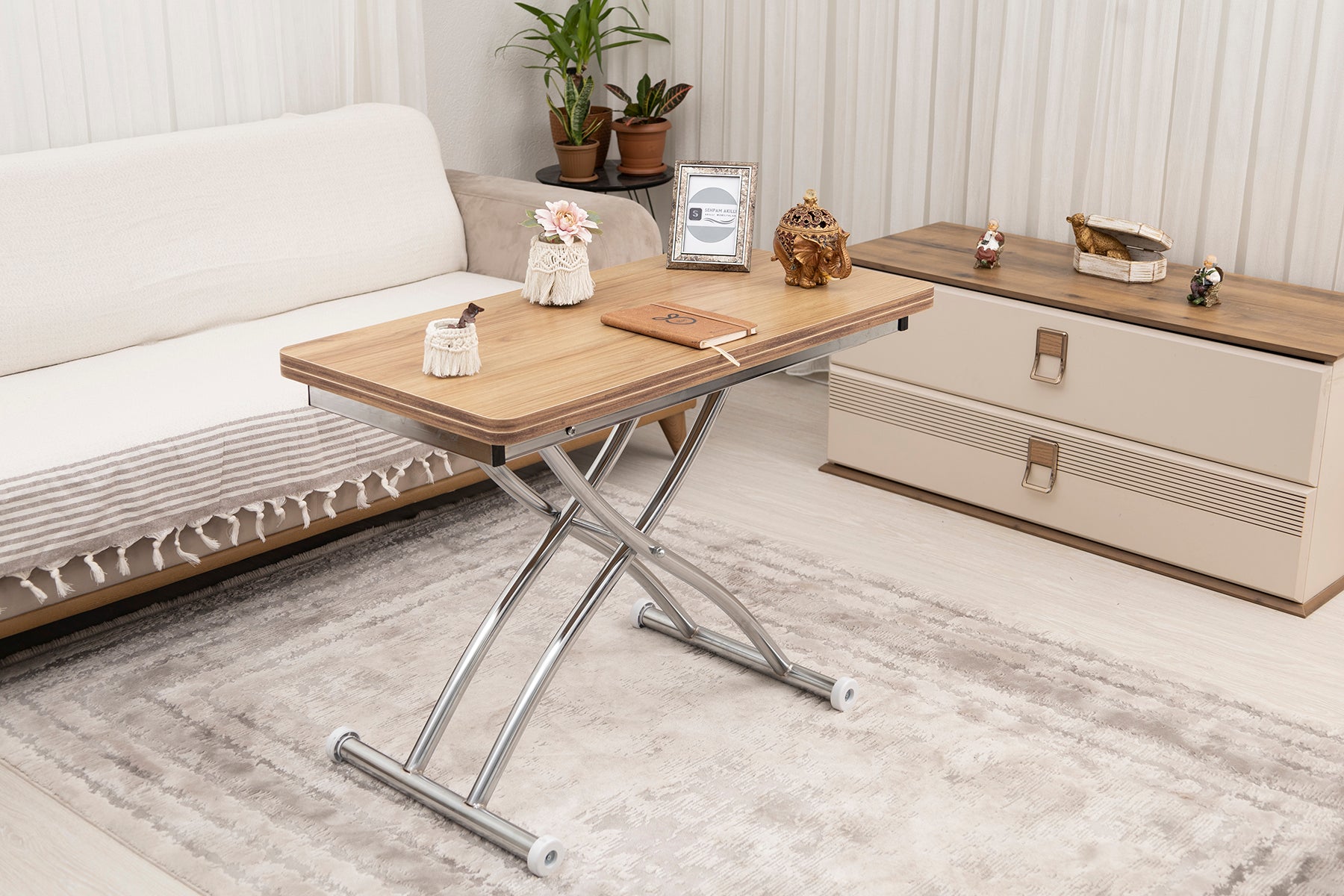Mini Juppo Series - Smart Table, Oval Corner MDF Top, Chrome Outward Curved Base