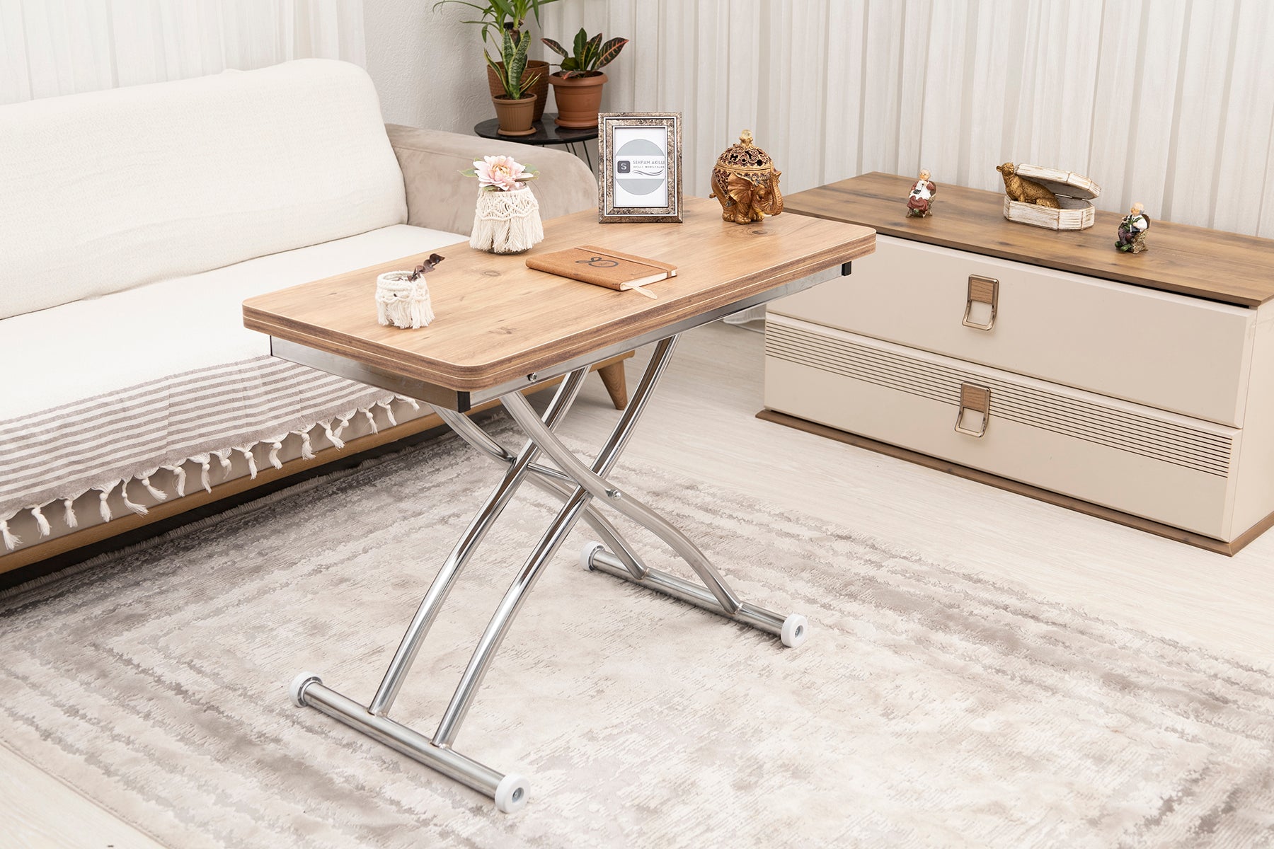 Mini Juppo Series - Smart Table, Oval Corner MDF Top, Chrome Outward Curved Base