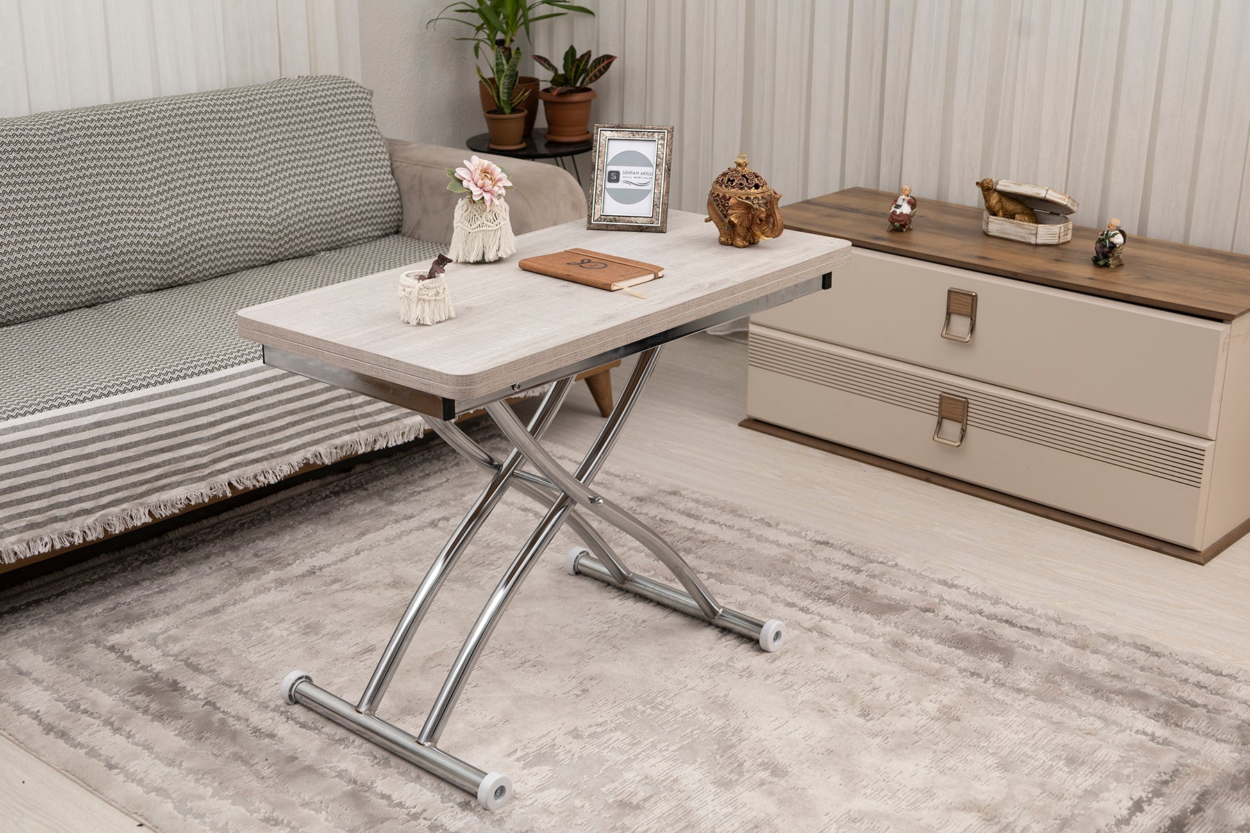 Mini Juppo Series - Smart Table, Oval Corner MDF Top, Chrome Outward Curved Base
