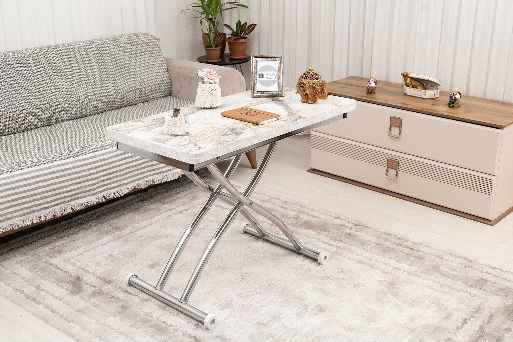 Mini Juppo Series - Smart Table, Oval Corner MDF Top, Chrome Outward Curved Base
