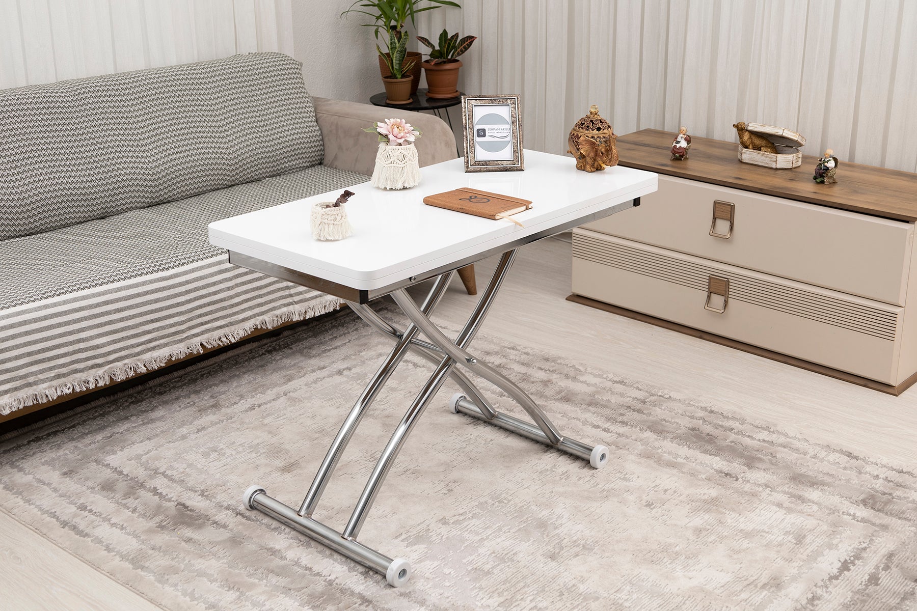 Mini Juppo Series - Smart Table, Oval Corner MDF Top, Chrome Outward Curved Base