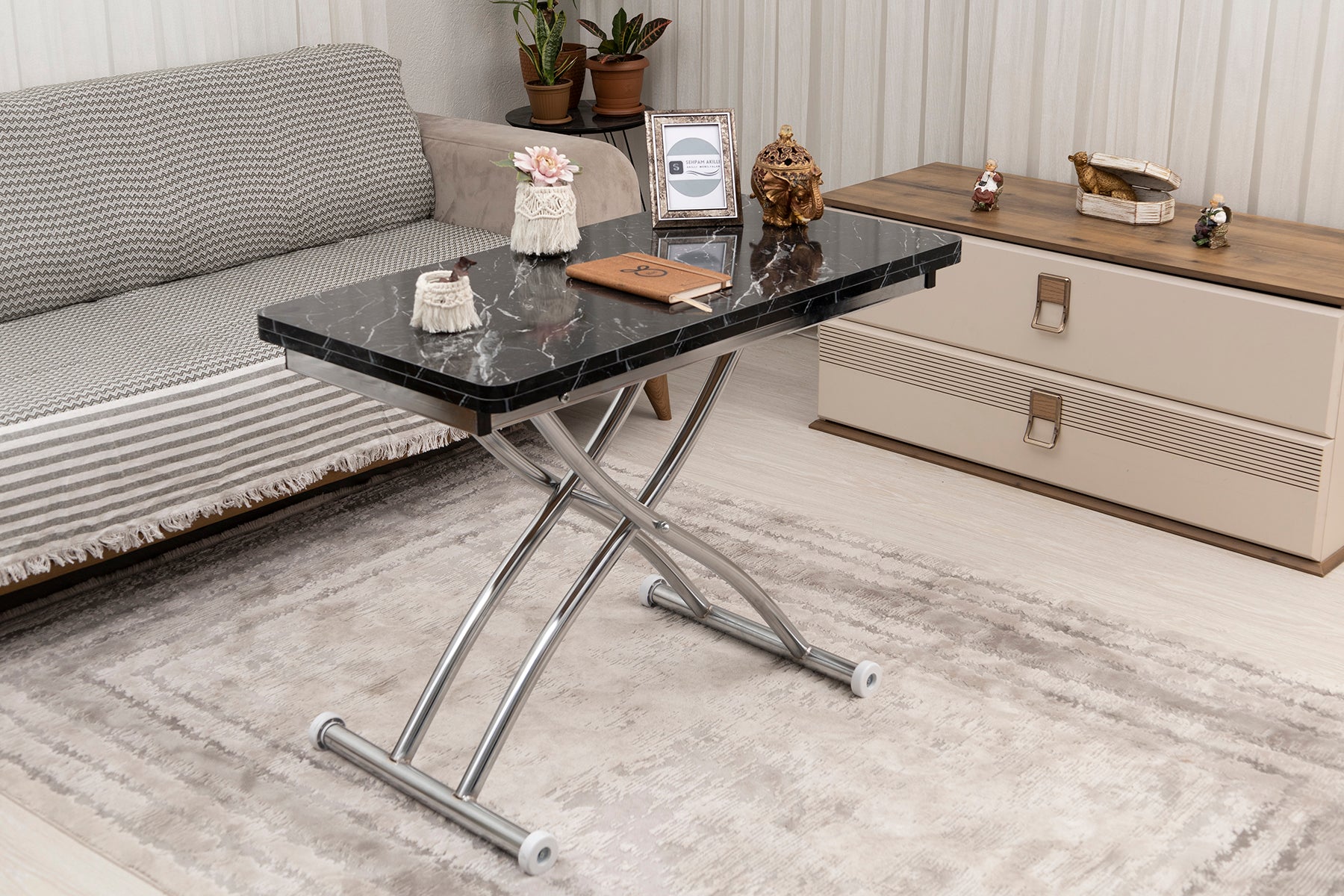 Mini Juppo Series - Smart Table, Oval Corner MDF Top, Chrome Outward Curved Base