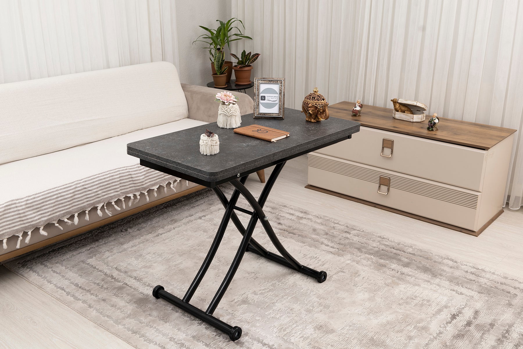 Mini Juppo Series - Smart Table, Oval Corner MDF Top, Black Inward Curved Base