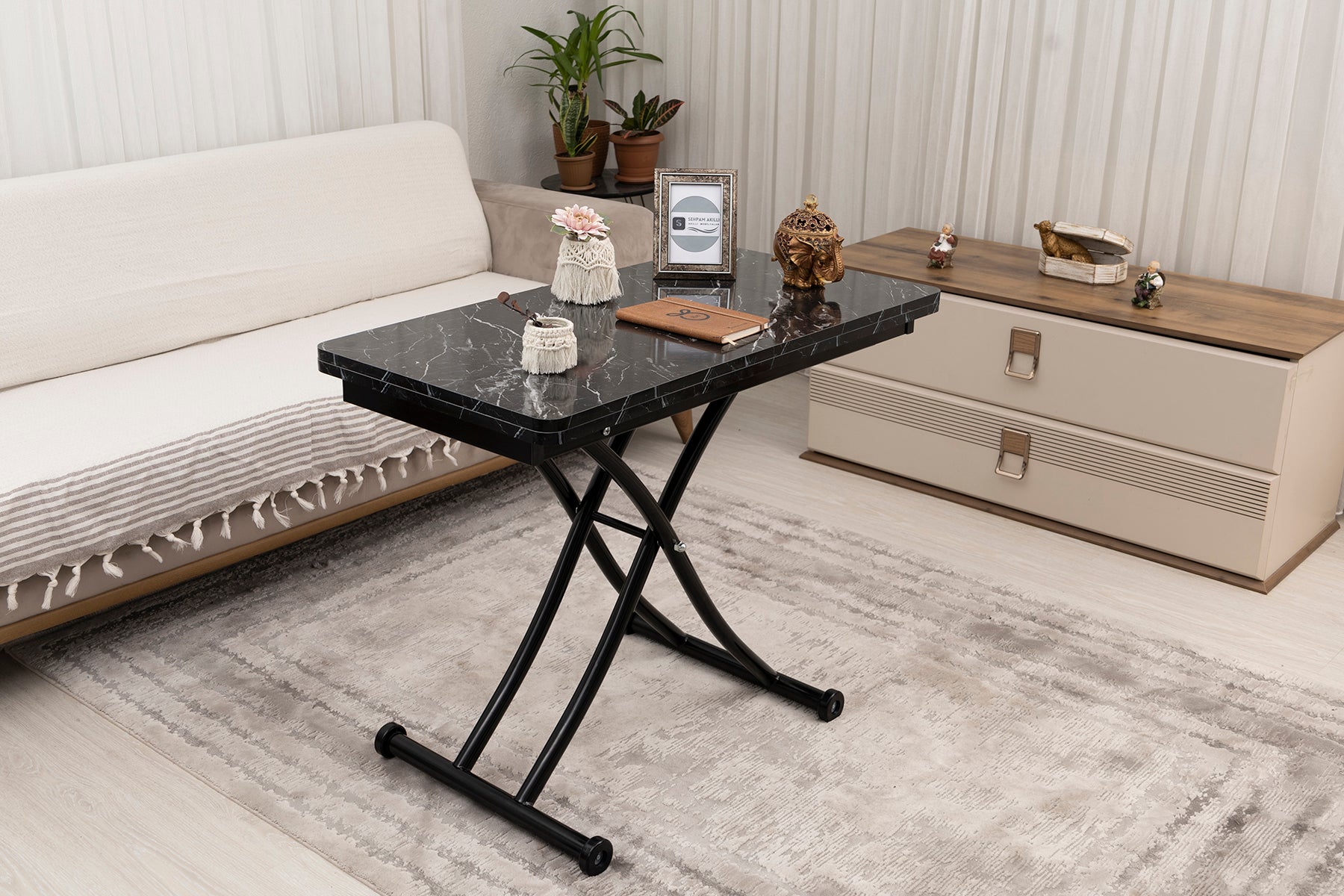 Mini Juppo Series - Smart Table, Oval Corner MDF Top, Black Inward Curved Base