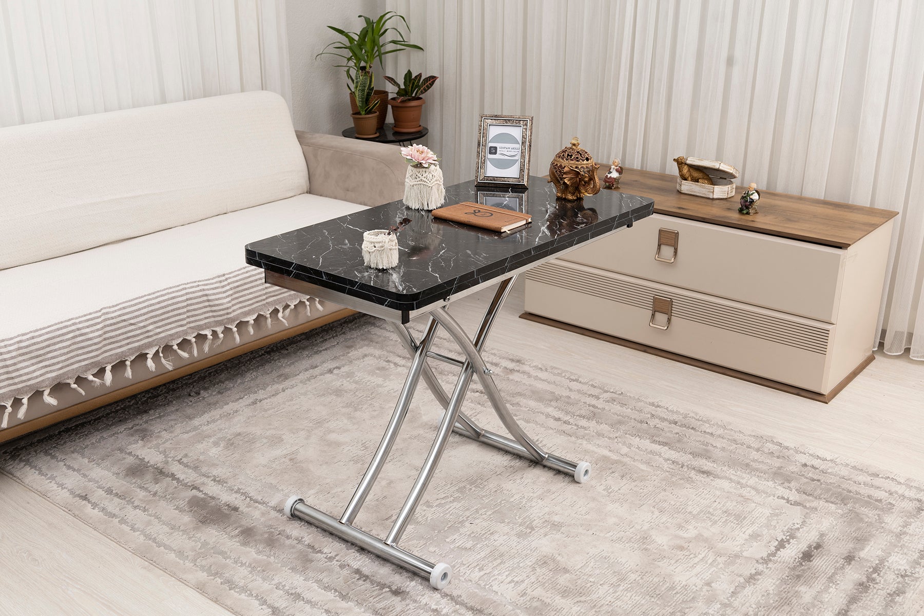 Mini Juppo Series - Smart Table, Oval Corner MDF Top, Chrome Inward Curved Base