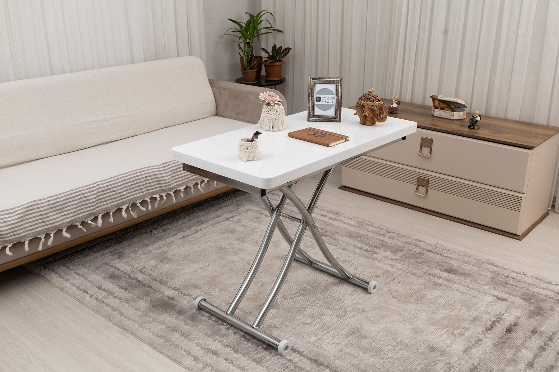 Mini Juppo Series - Smart Table, Oval Corner MDF Top, Chrome Inward Curved Base