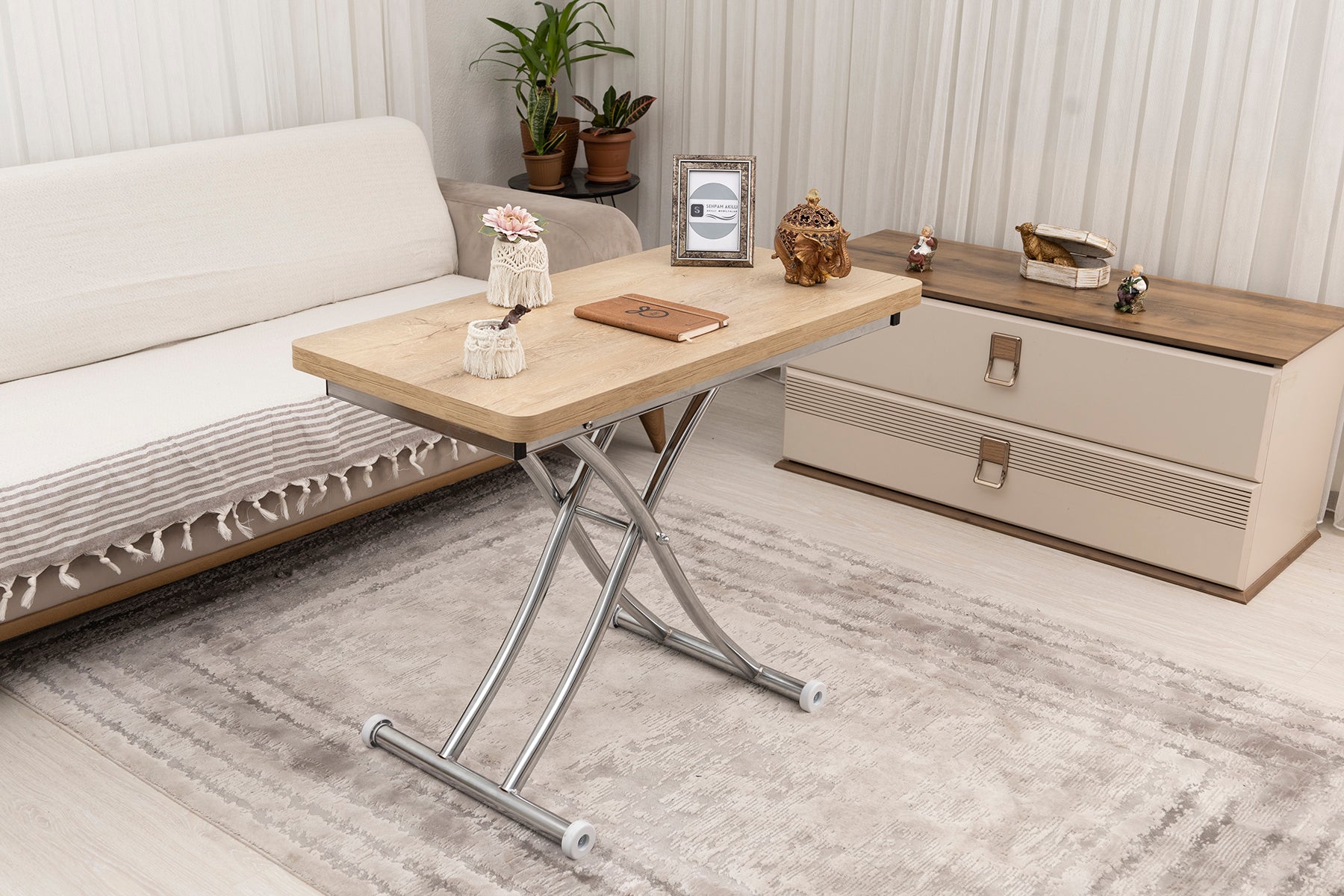 Mini Juppo Series - Smart Table, Oval Corner MDF Top, Chrome Inward Curved Base