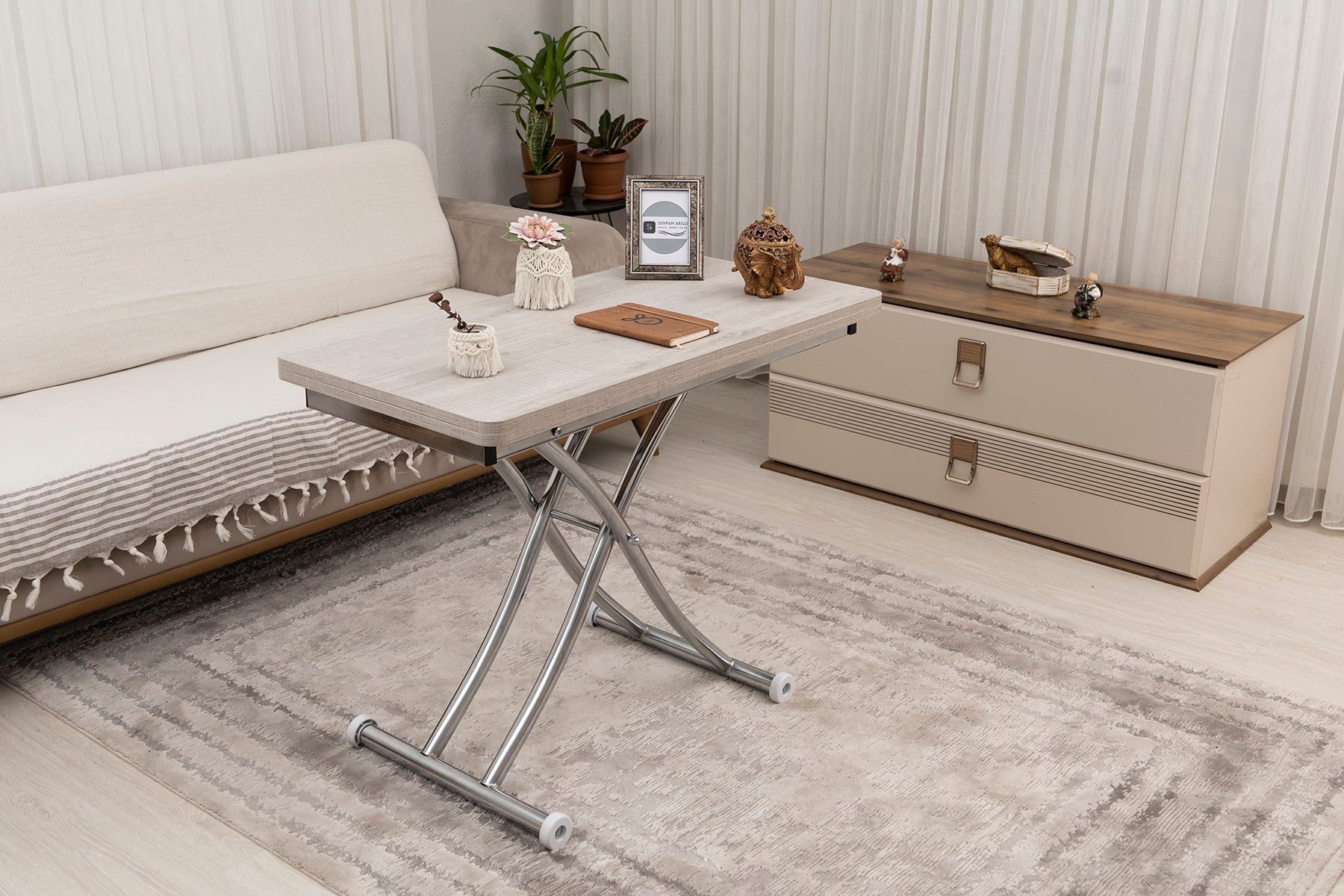 Mini Juppo Series - Smart Table, Oval Corner MDF Top, Chrome Inward Curved Base