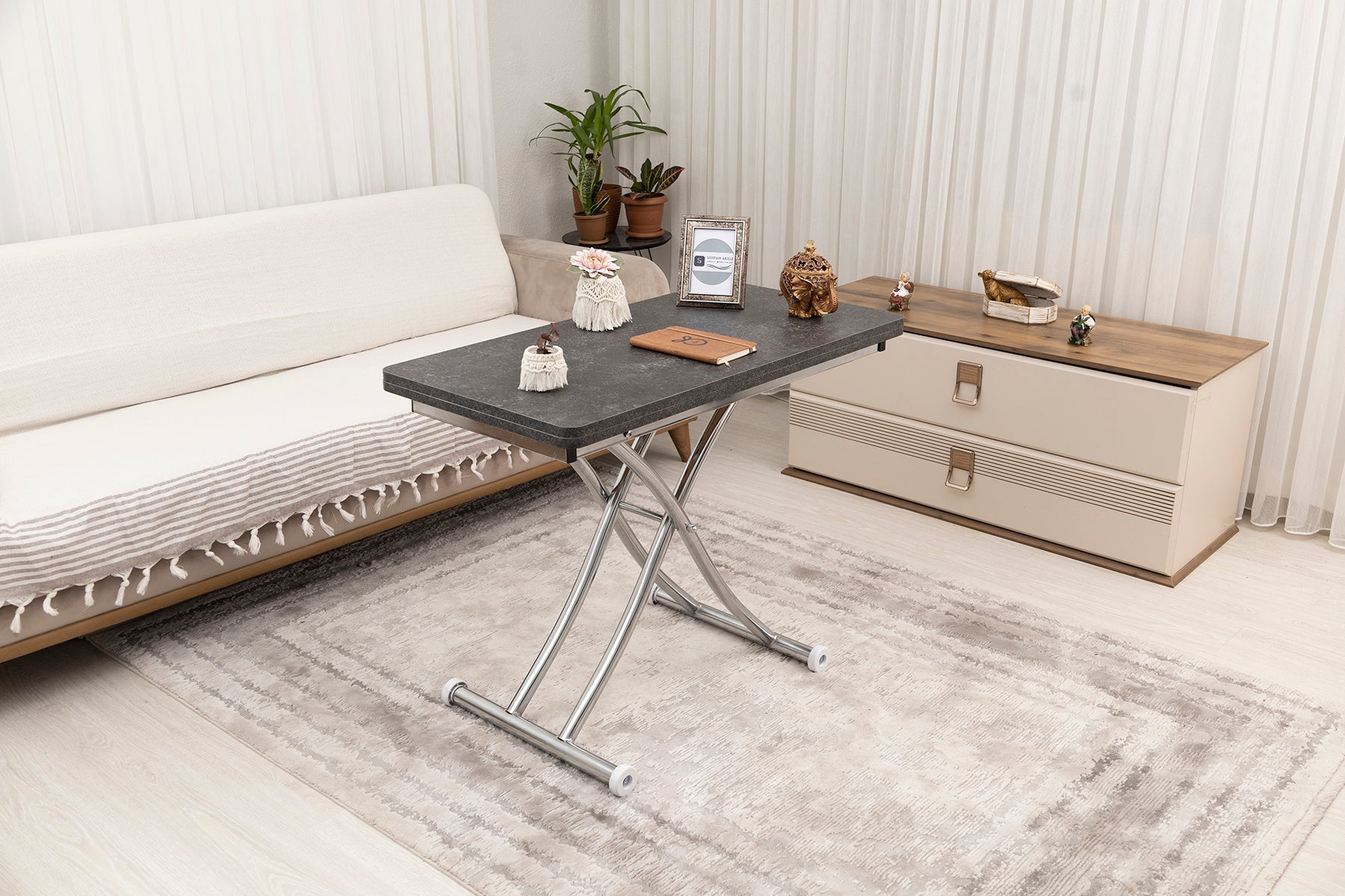 Mini Juppo Series - Smart Table, Oval Corner MDF Top, Chrome Inward Curved Base