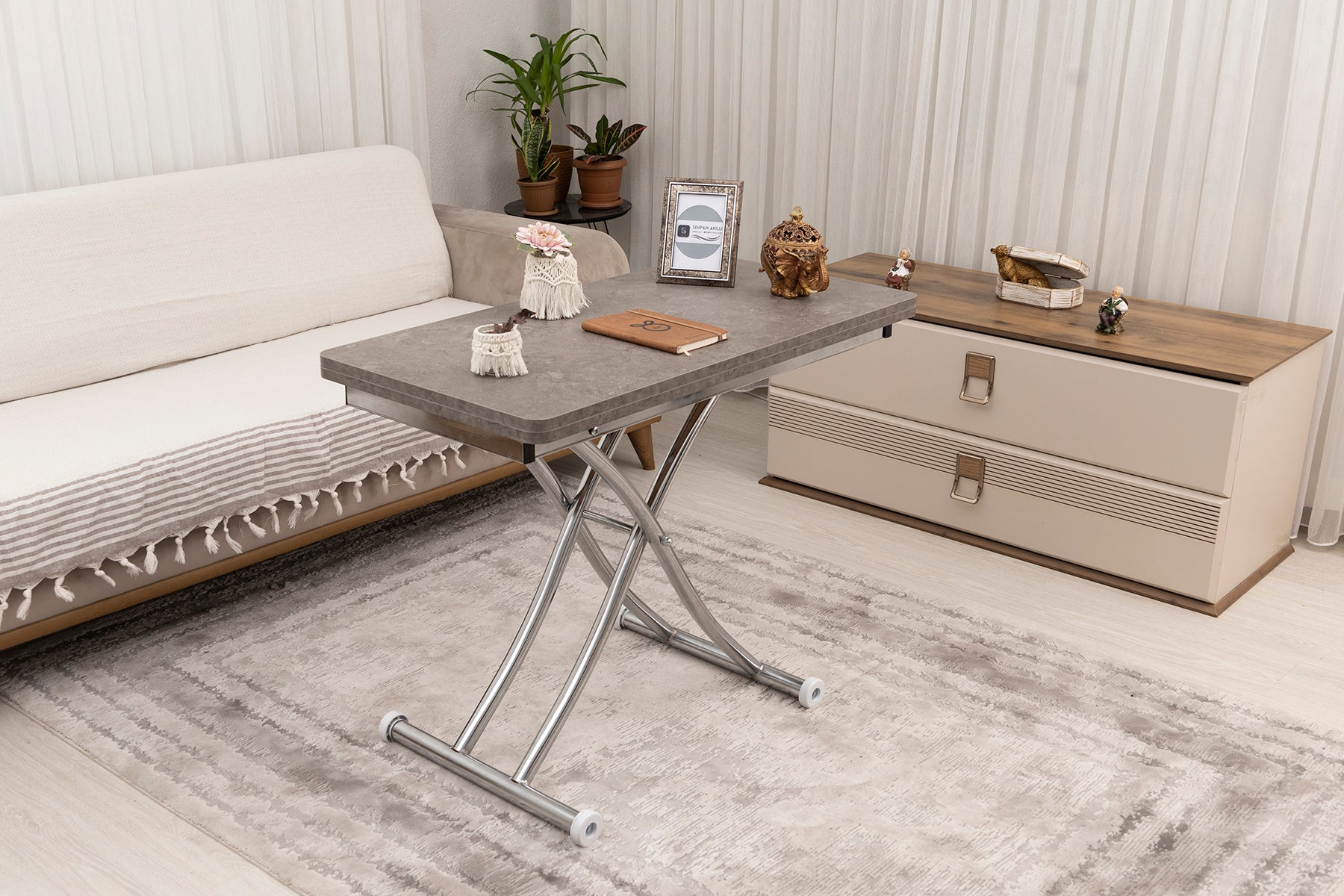 Mini Juppo Series - Smart Table, Oval Corner MDF Top, Chrome Inward Curved Base