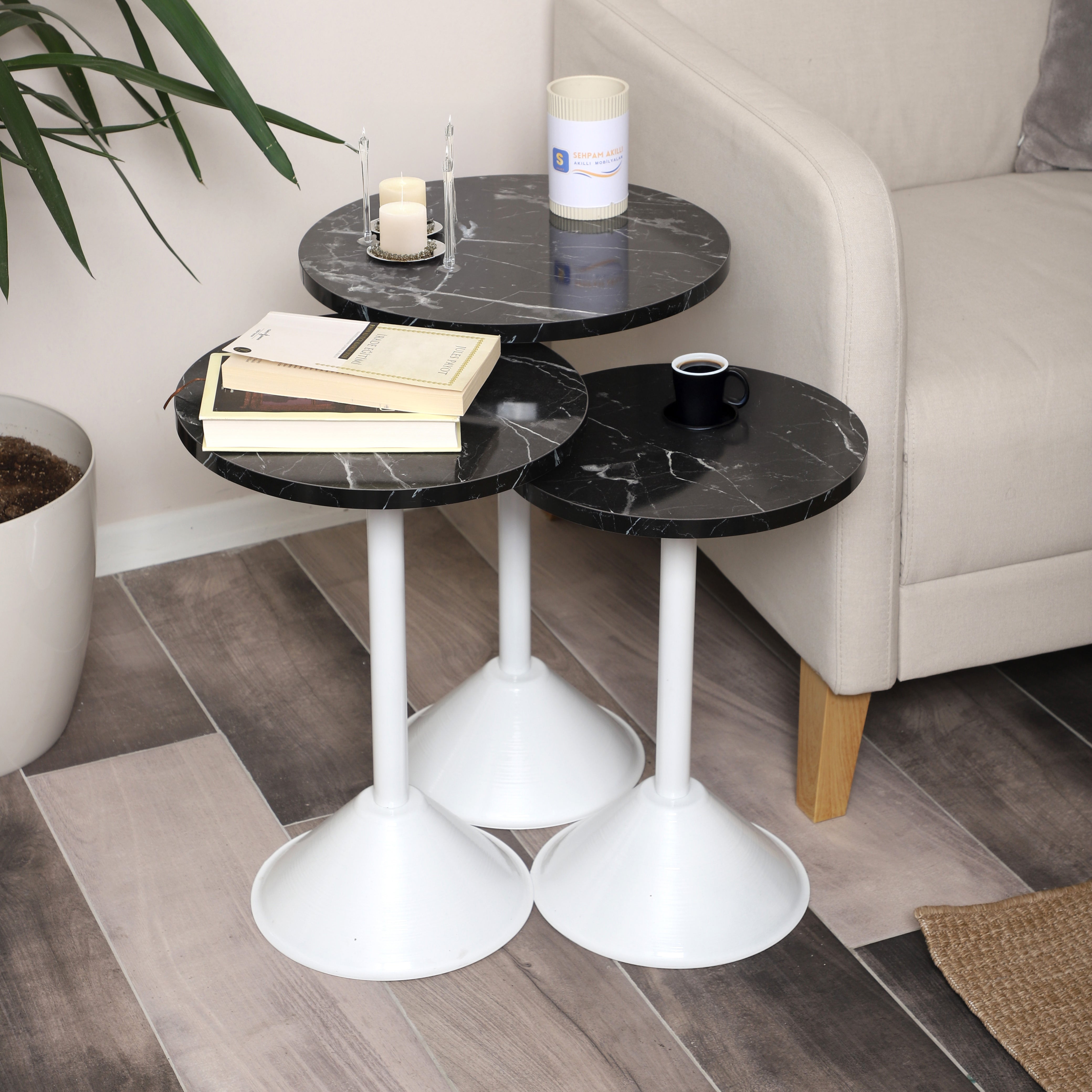 Tablon Nesting Table Series - Black Marble MDF Top, White Iron Mechanism