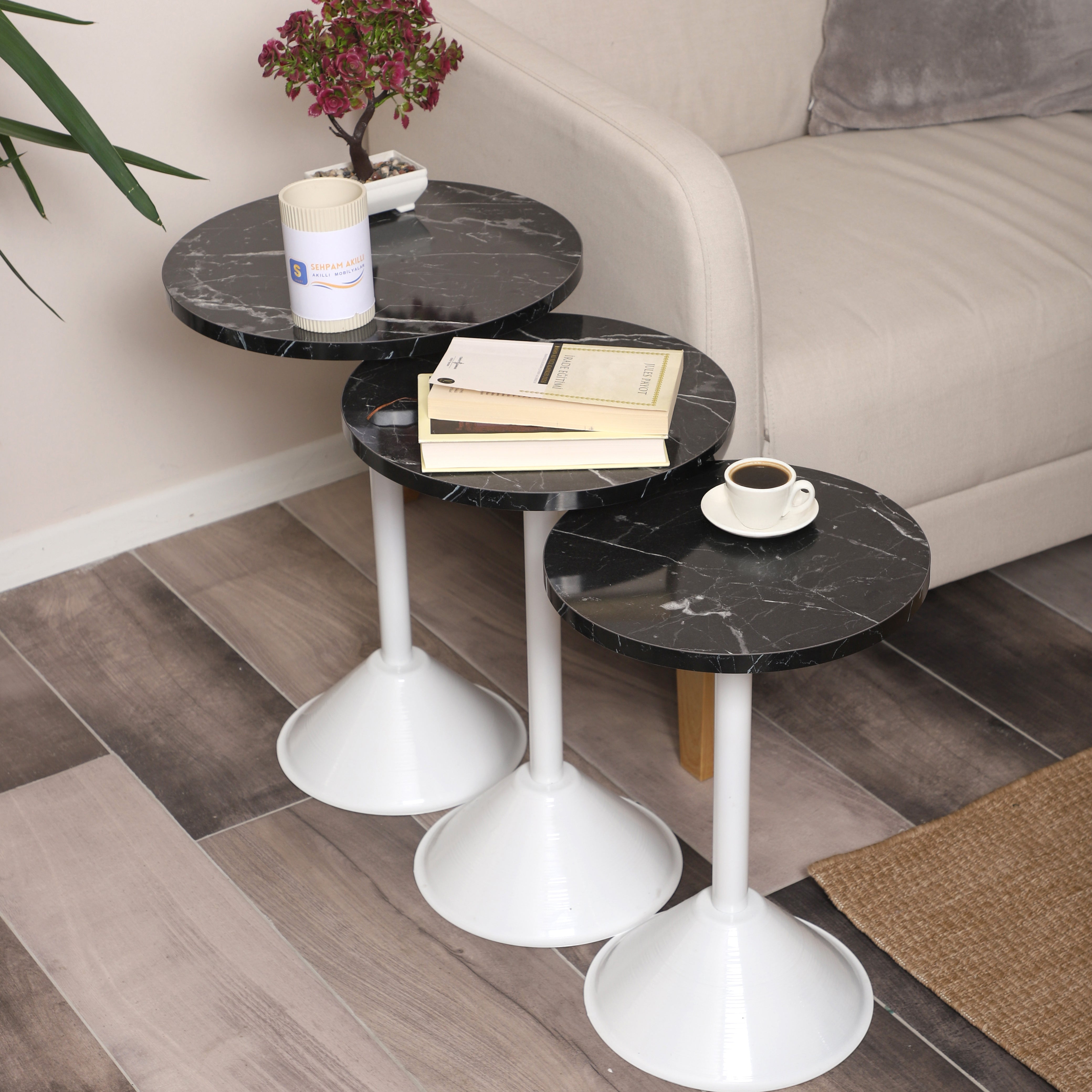 Tablon Nesting Table Series - Black Marble MDF Top, White Iron Mechanism
