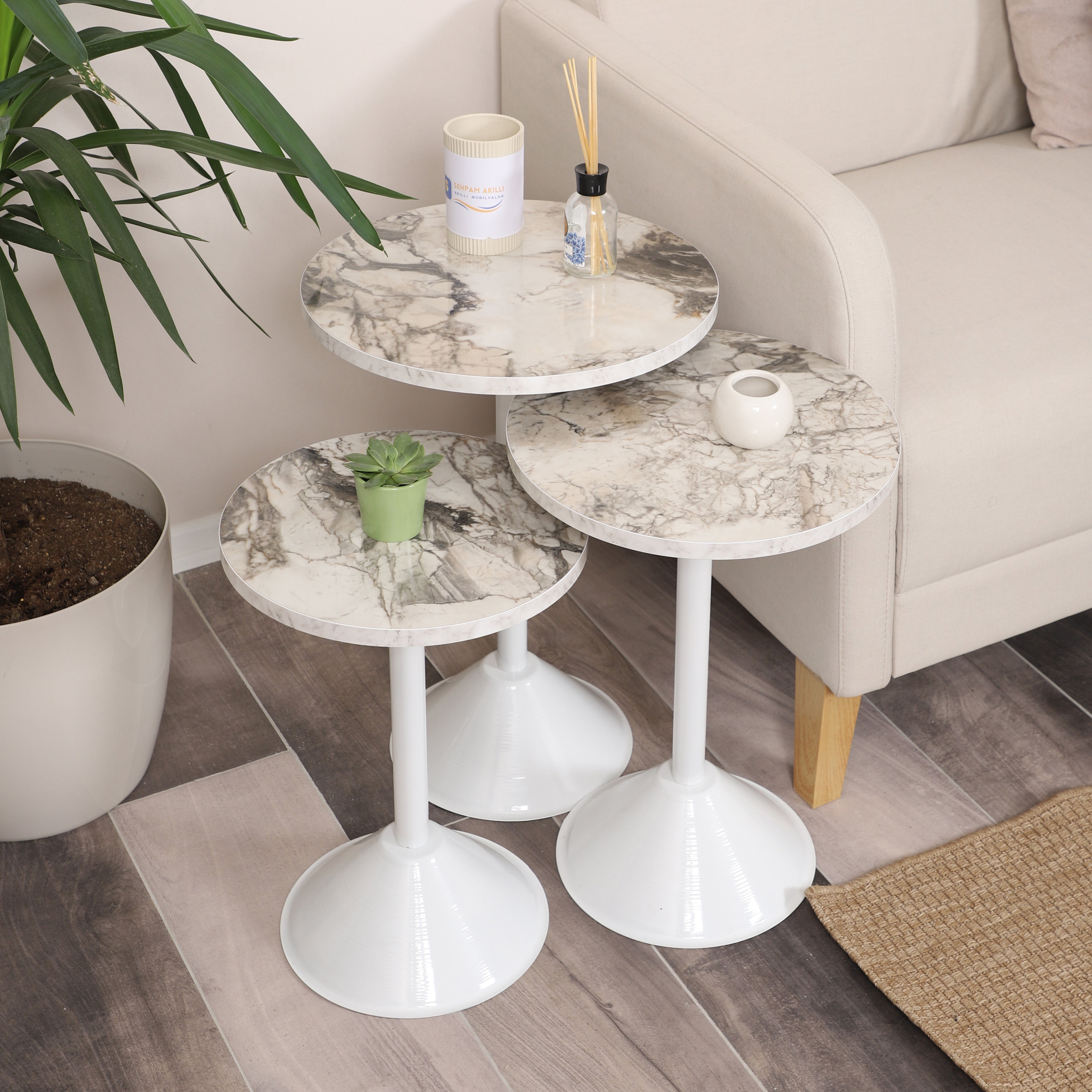 Tablon Nesting Table Series - White Marble MDF Top, Black Iron Mechanism