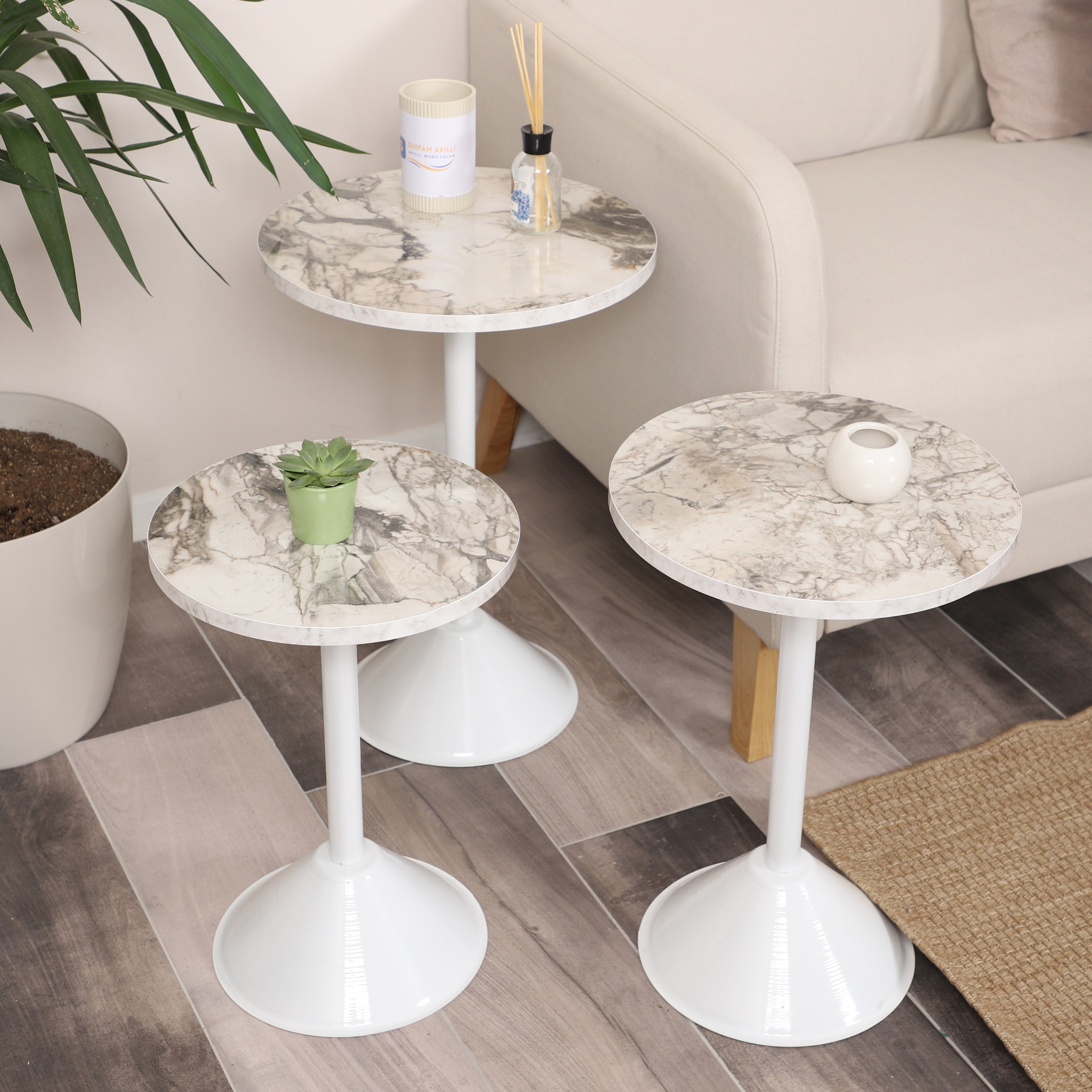 Tablon Nesting Table Series - White Marble MDF Top, Black Iron Mechanism