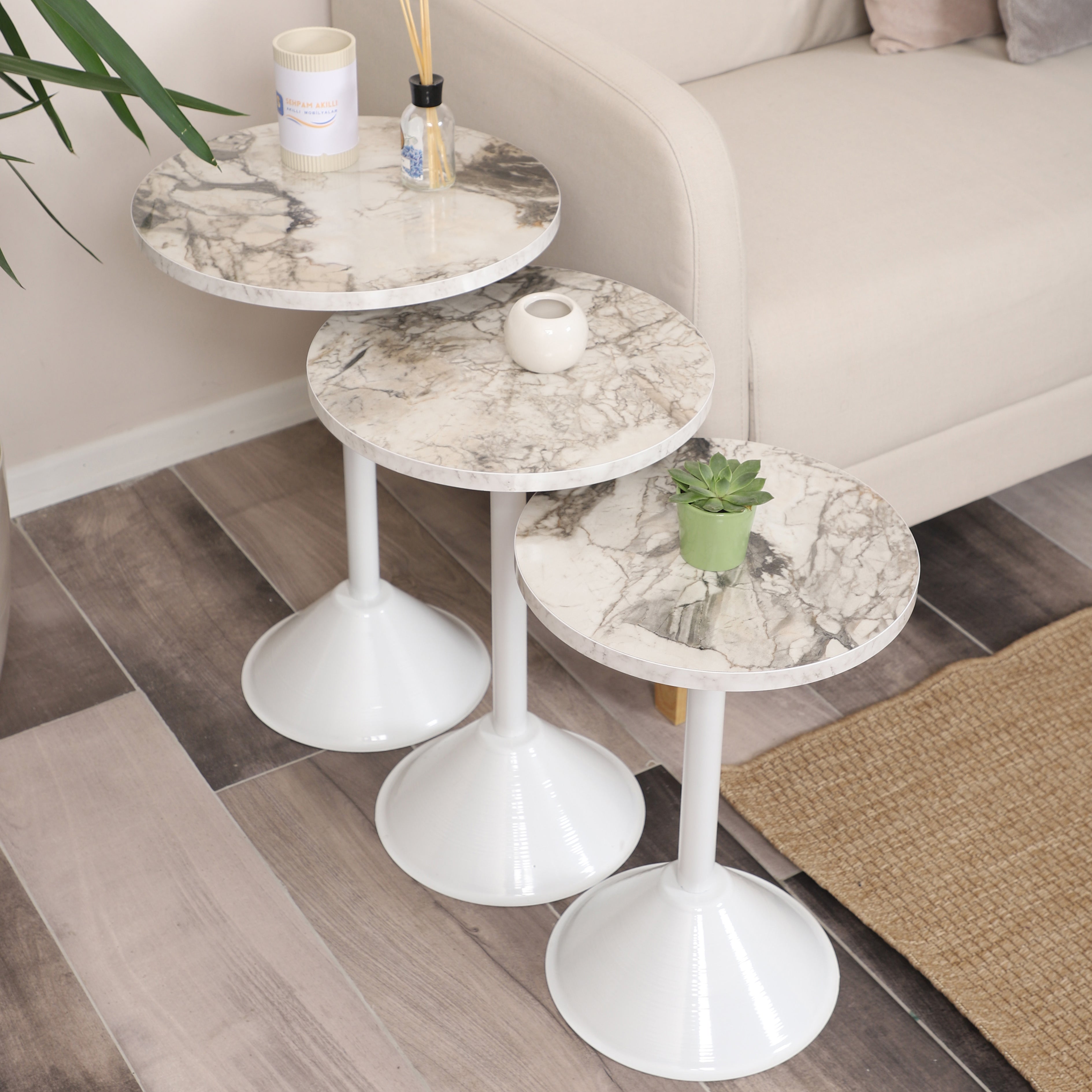 Tablon Nesting Table Series - White Marble MDF Top, White Iron Mechanism