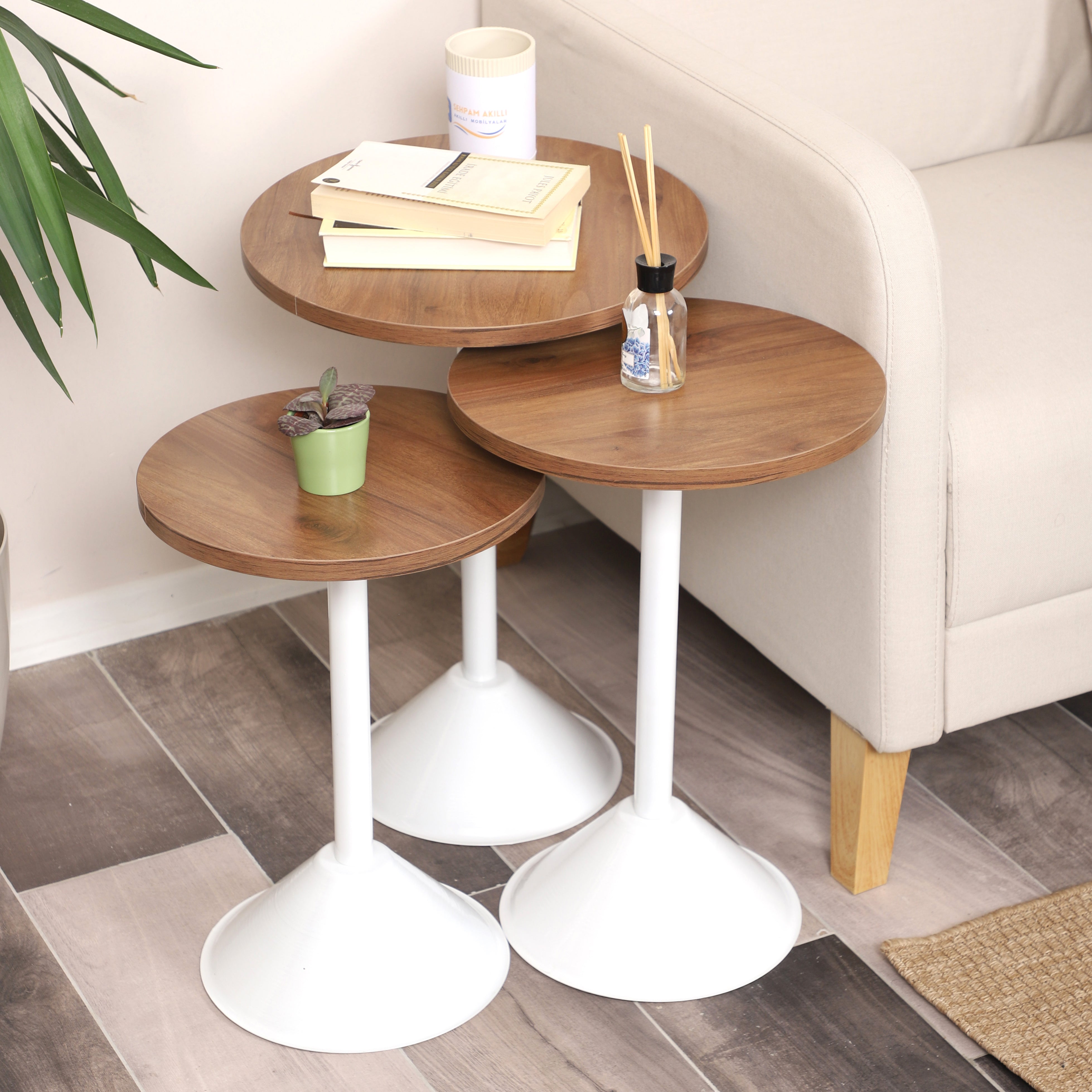 Tablon Nesting Table Series - Walnut MDF Top, White Iron Mechanism