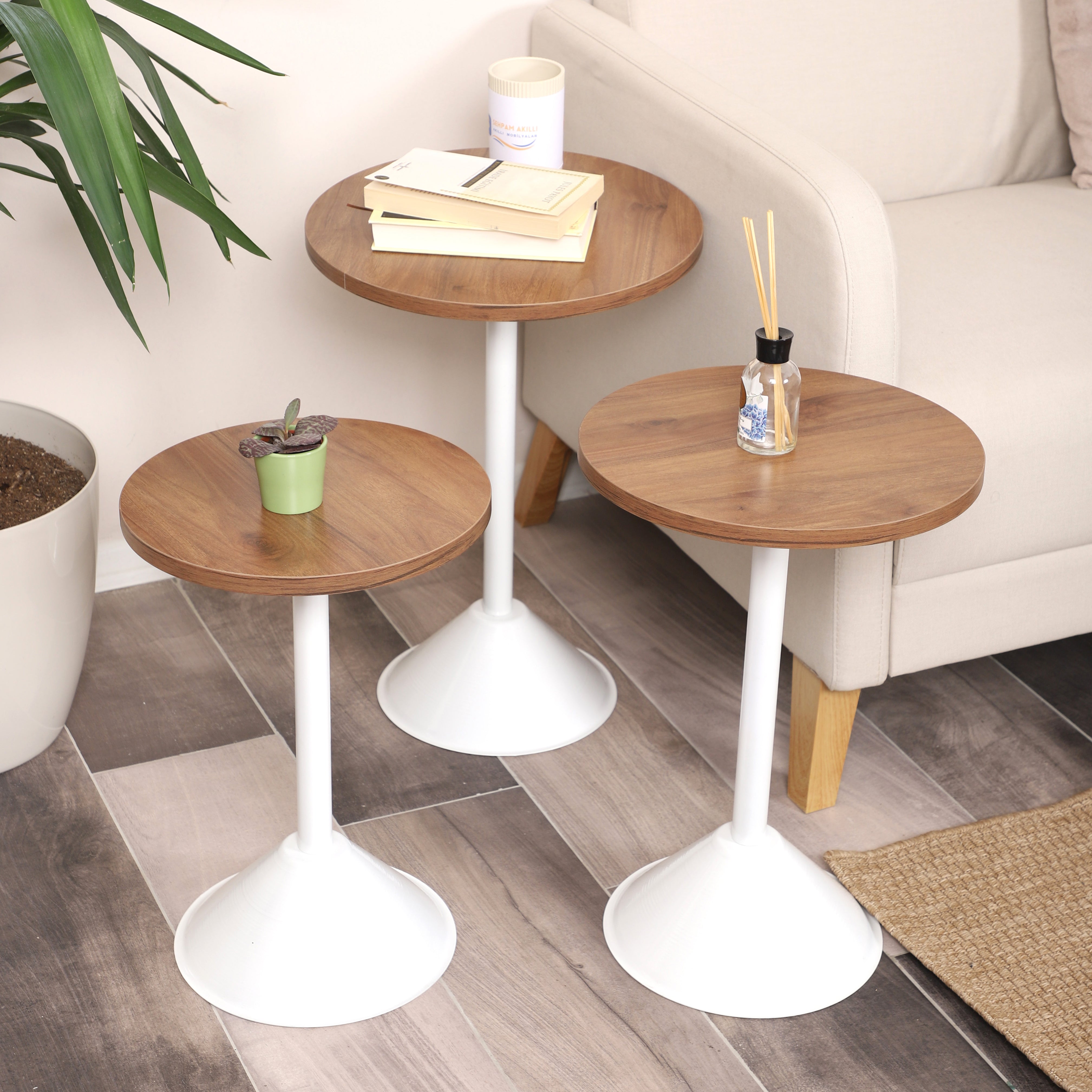 Tablon Nesting Table Series - Walnut MDF Top, White Iron Mechanism