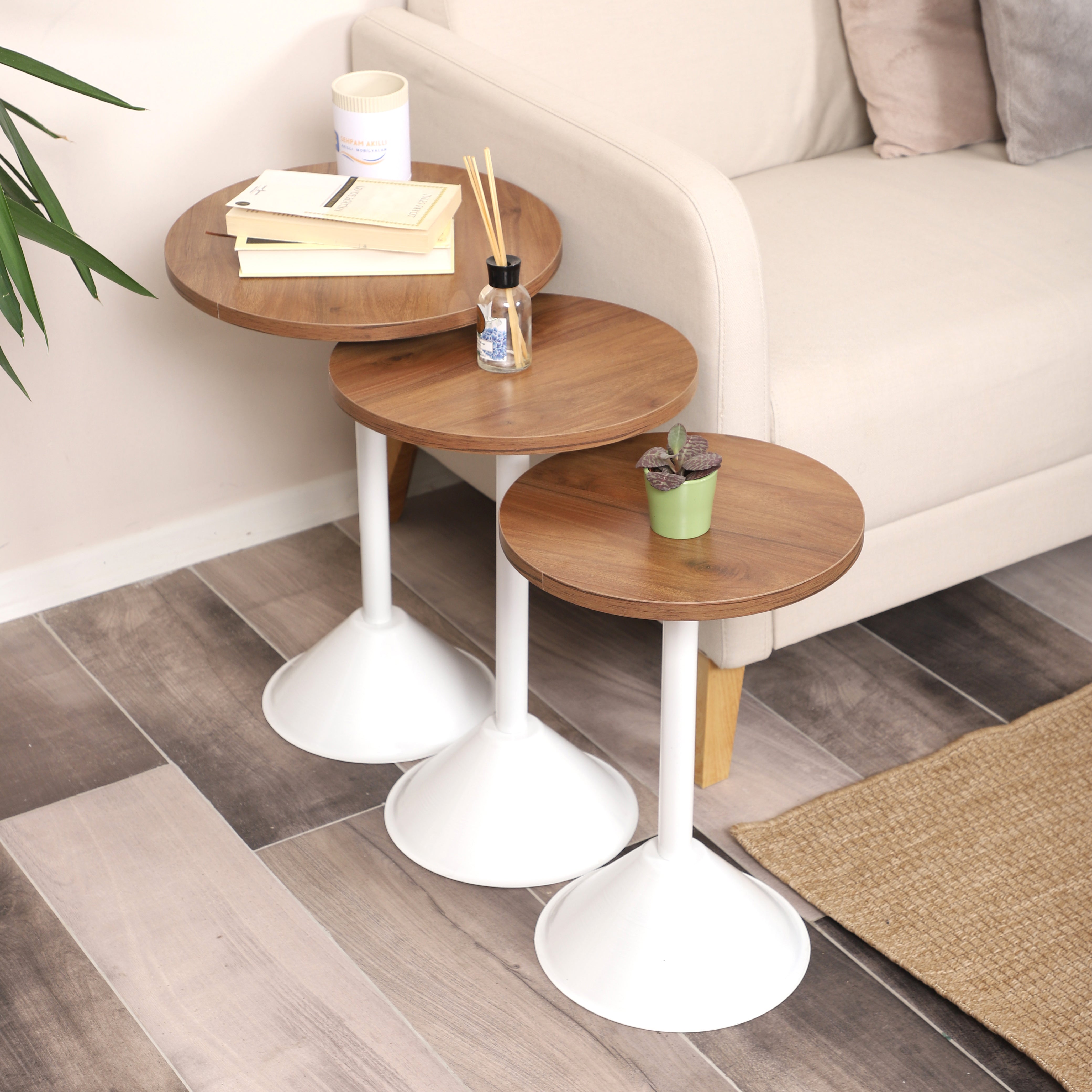 Tablon Nesting Table Series - Walnut MDF Top, White Iron Mechanism
