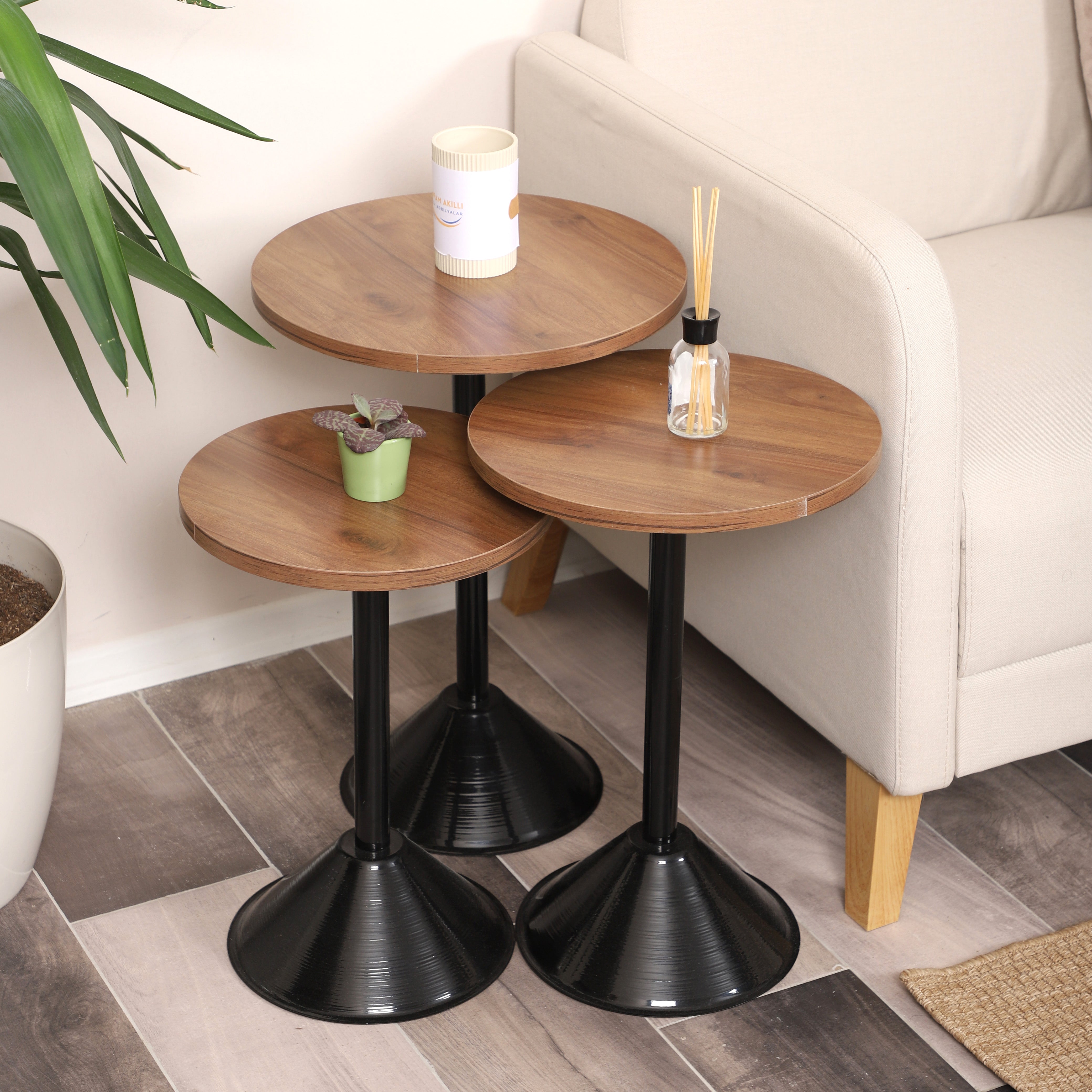 Tablon Nesting Table Series - Walnut MDF Top, Black Iron Mechanism