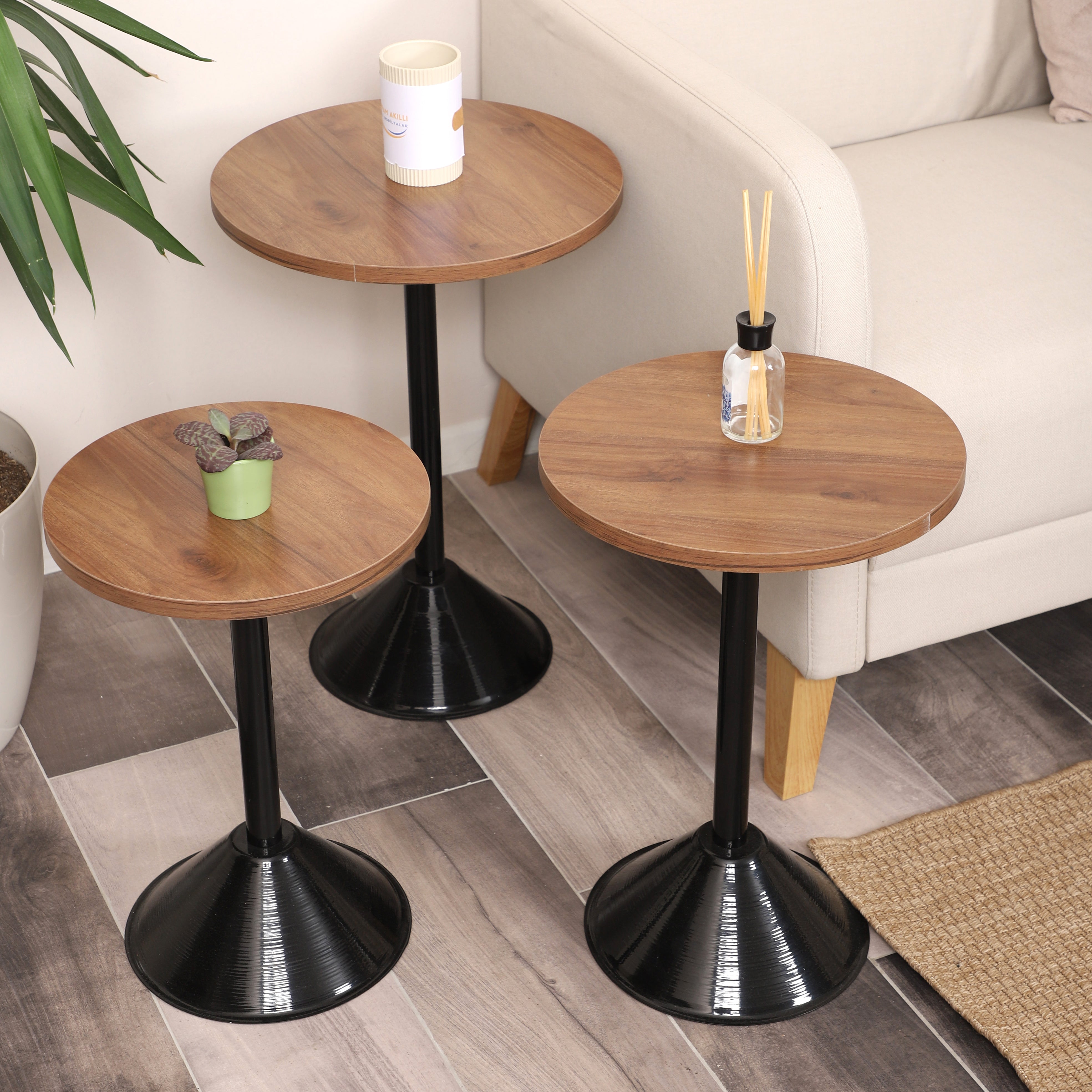 Tablon Nesting Table Series - Walnut MDF Top, Black Iron Mechanism