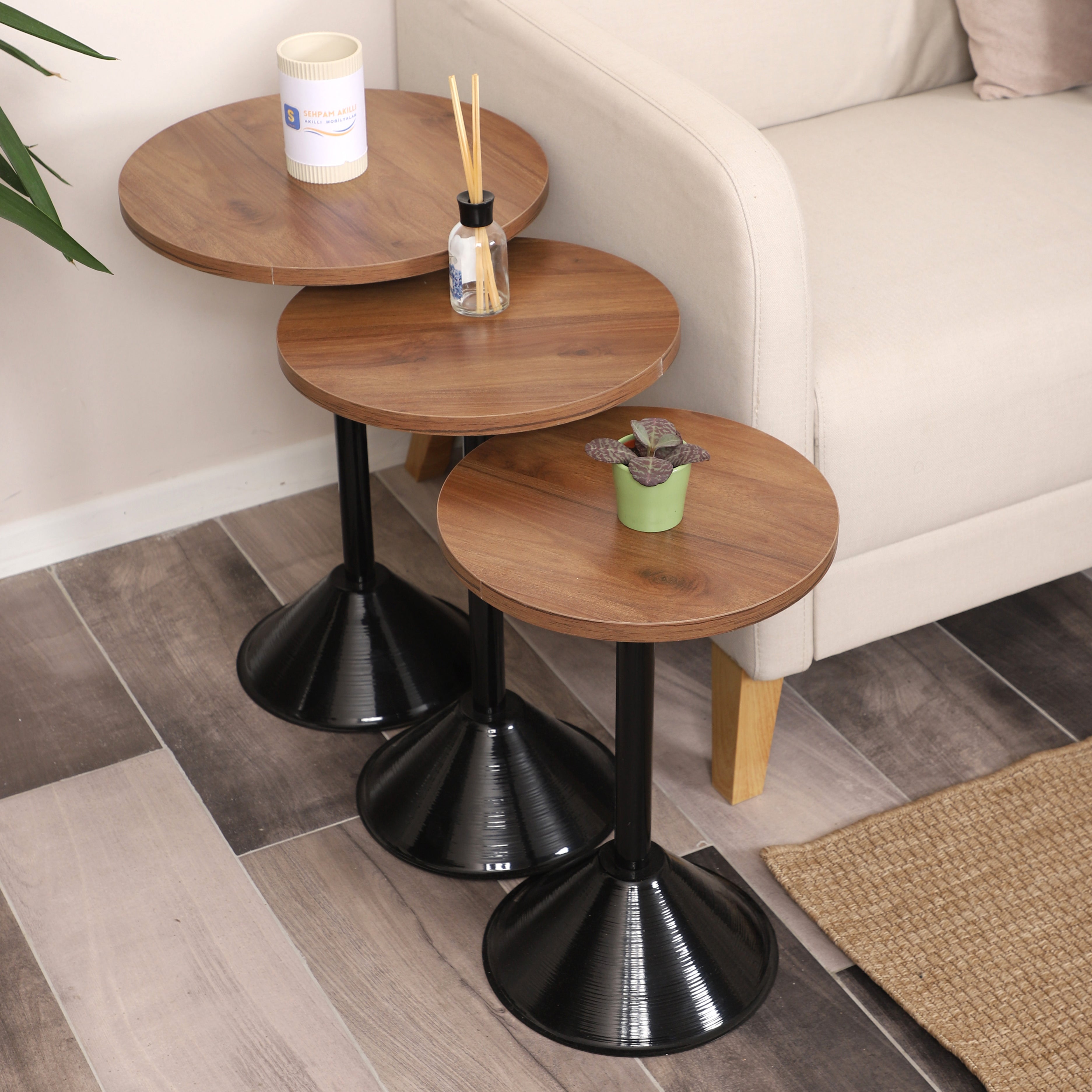 Tablon Nesting Table Series - Walnut MDF Top, Black Iron Mechanism