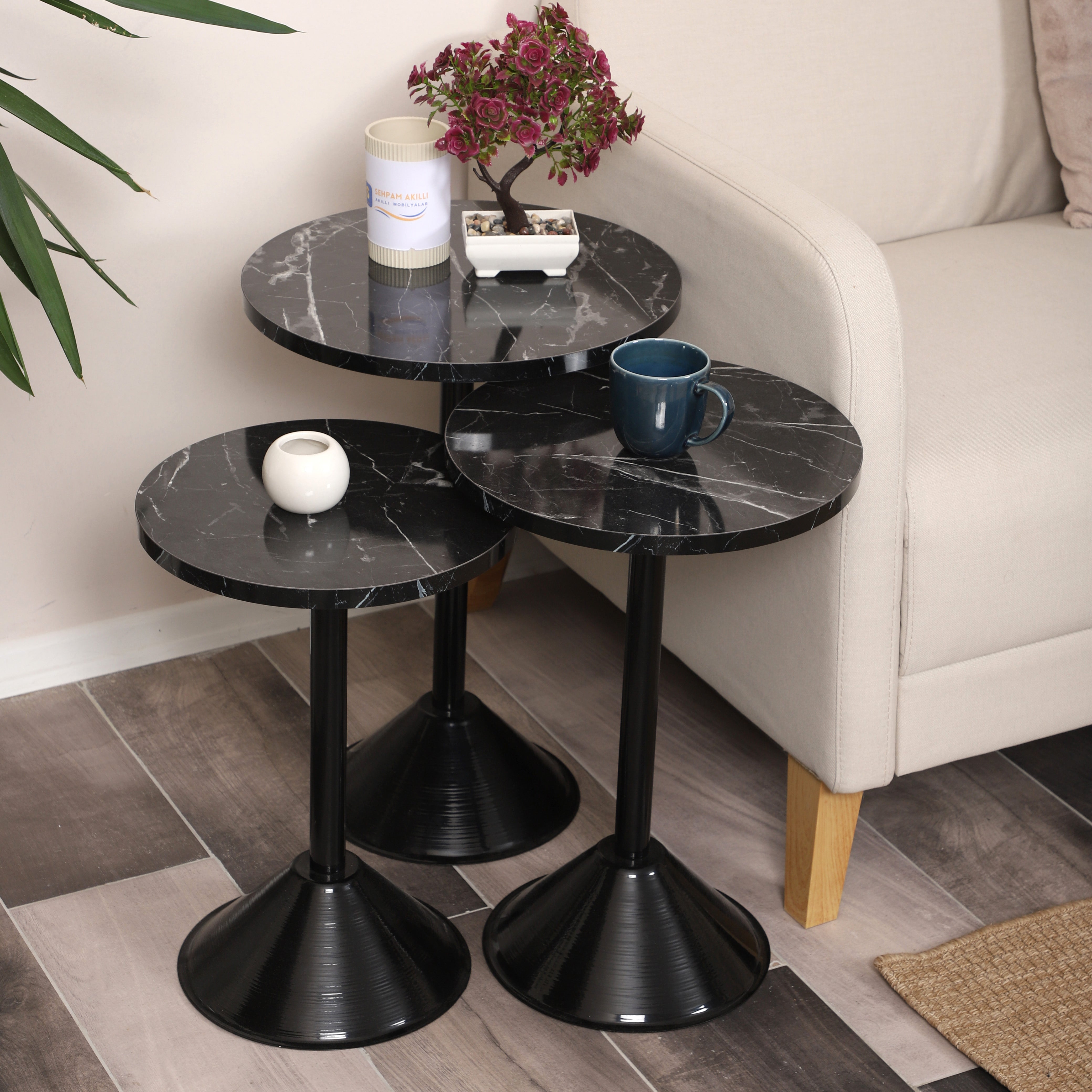 Tablon Nesting Table Series - Black Marble MDF Top, Black Iron Mechanism
