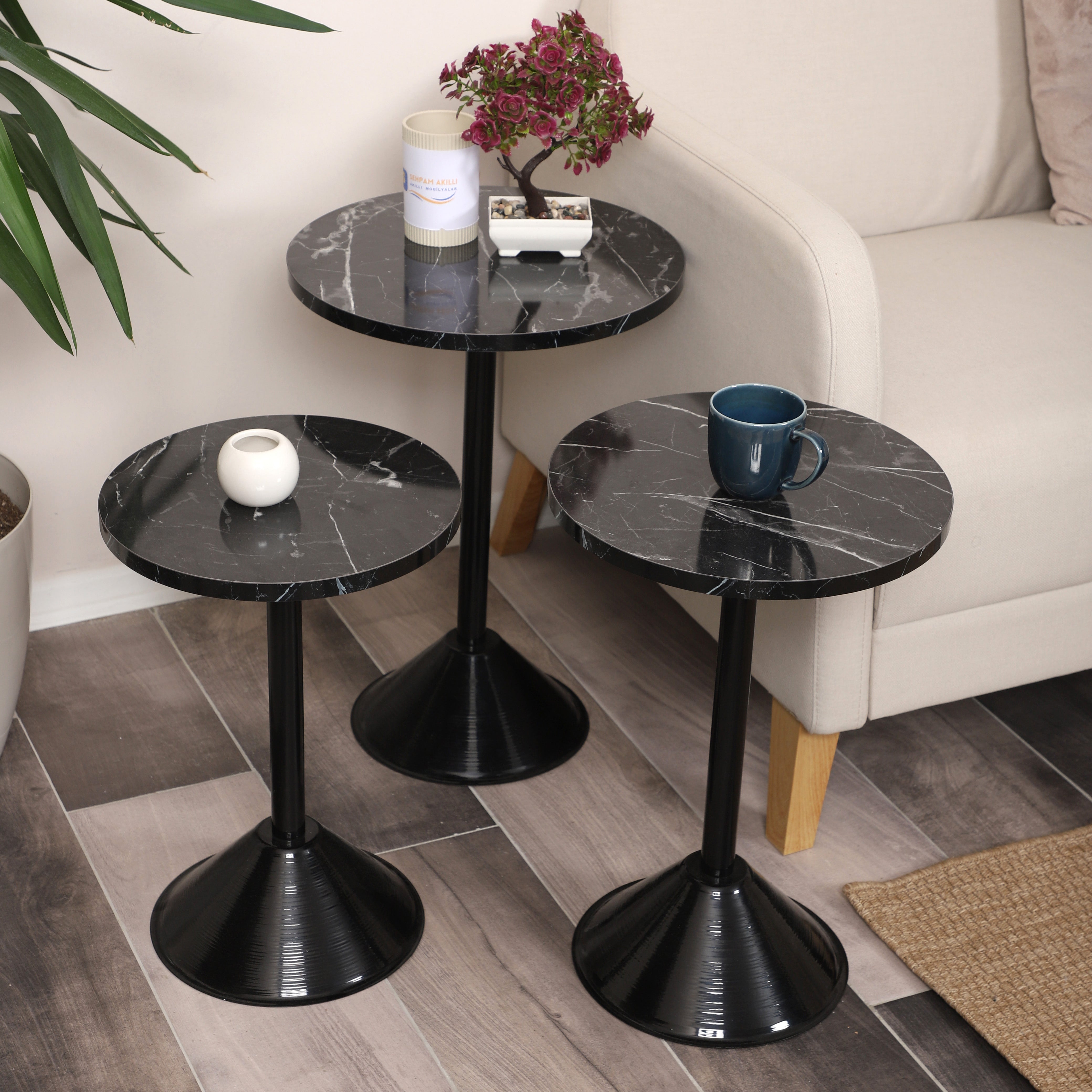 Tablon Nesting Table Series - Black Marble MDF Top, Black Iron Mechanism