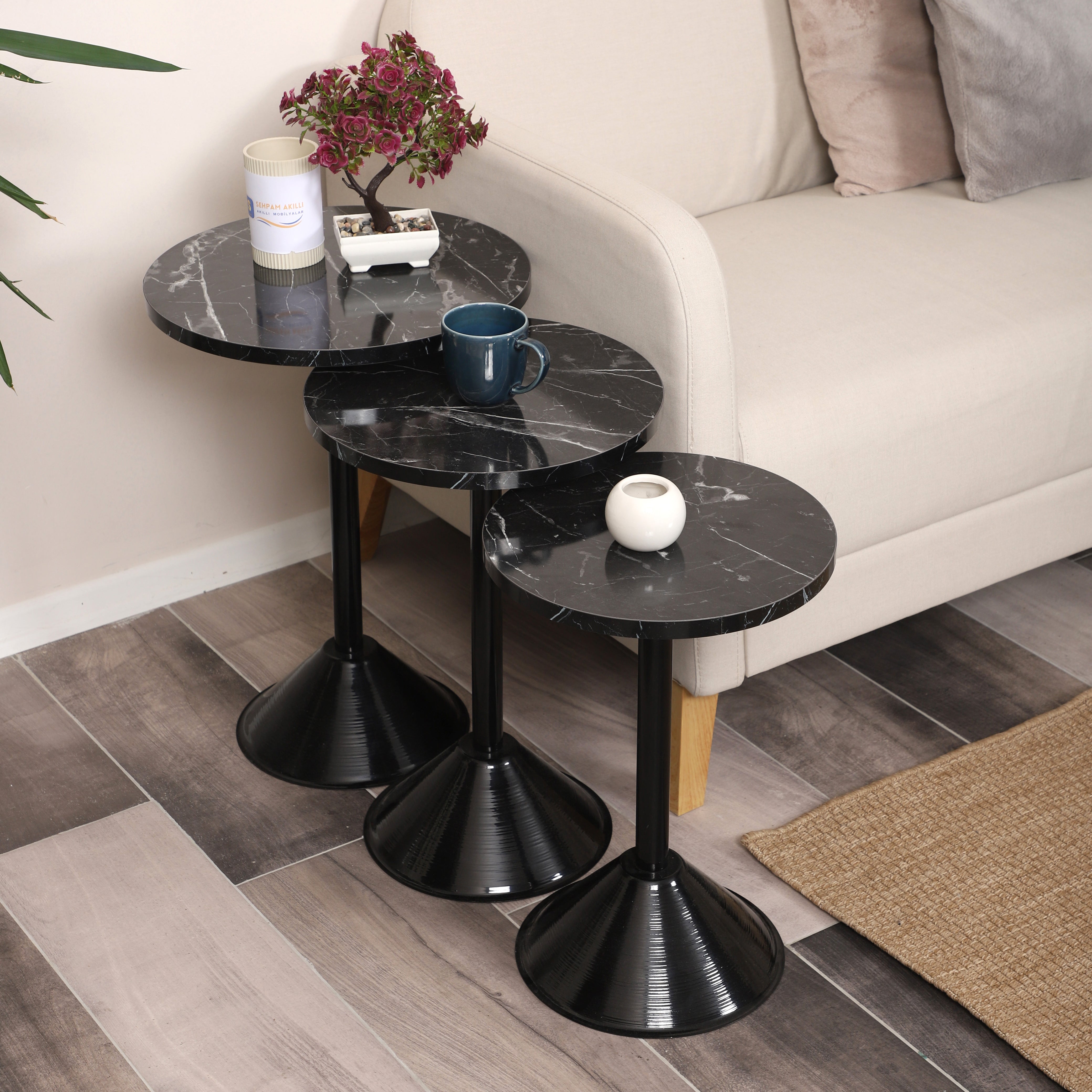 Tablon Nesting Table Series - Black Marble MDF Top, Black Iron Mechanism