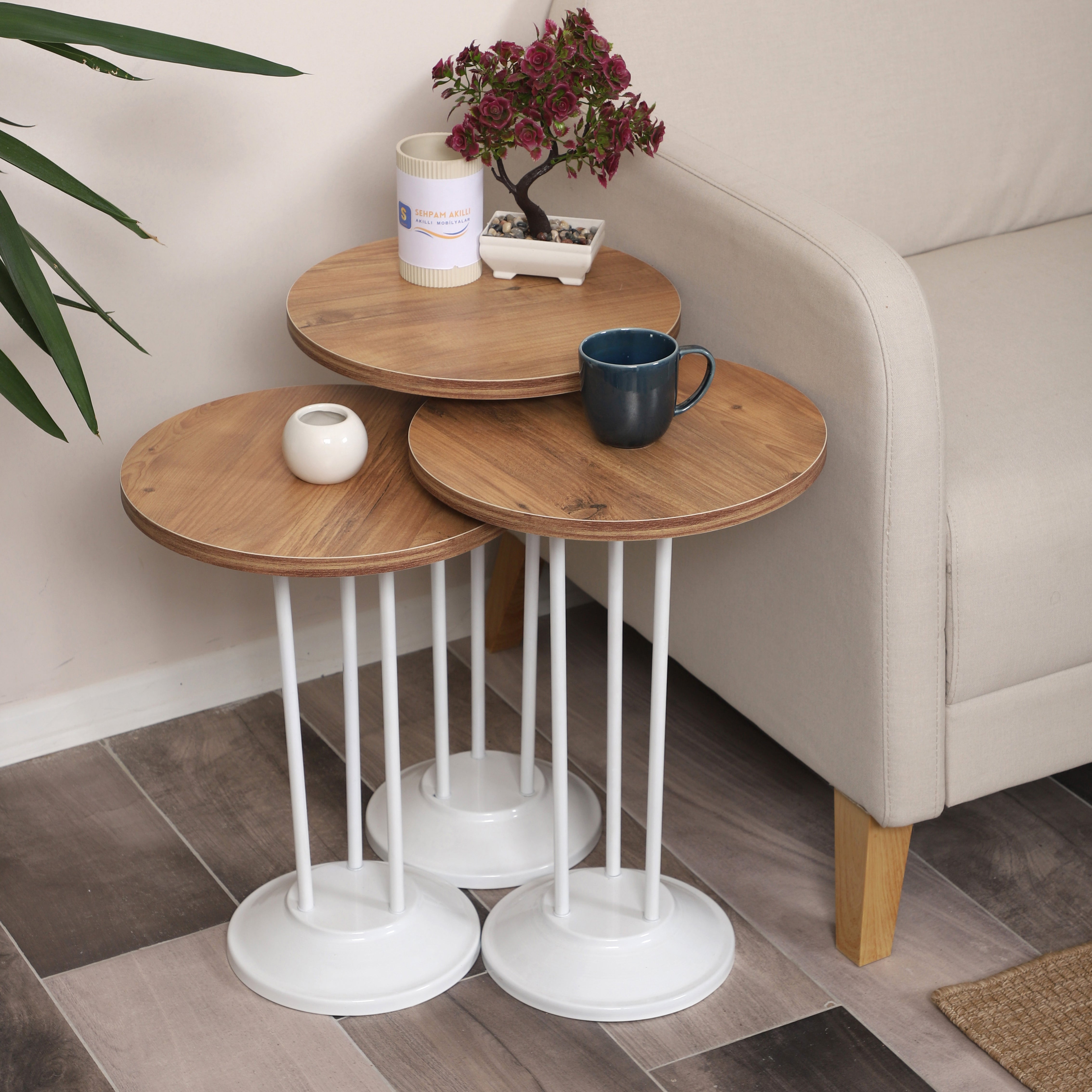 Marbella Nesting Table Series - Efescam MDF Top, White Iron Mechanism