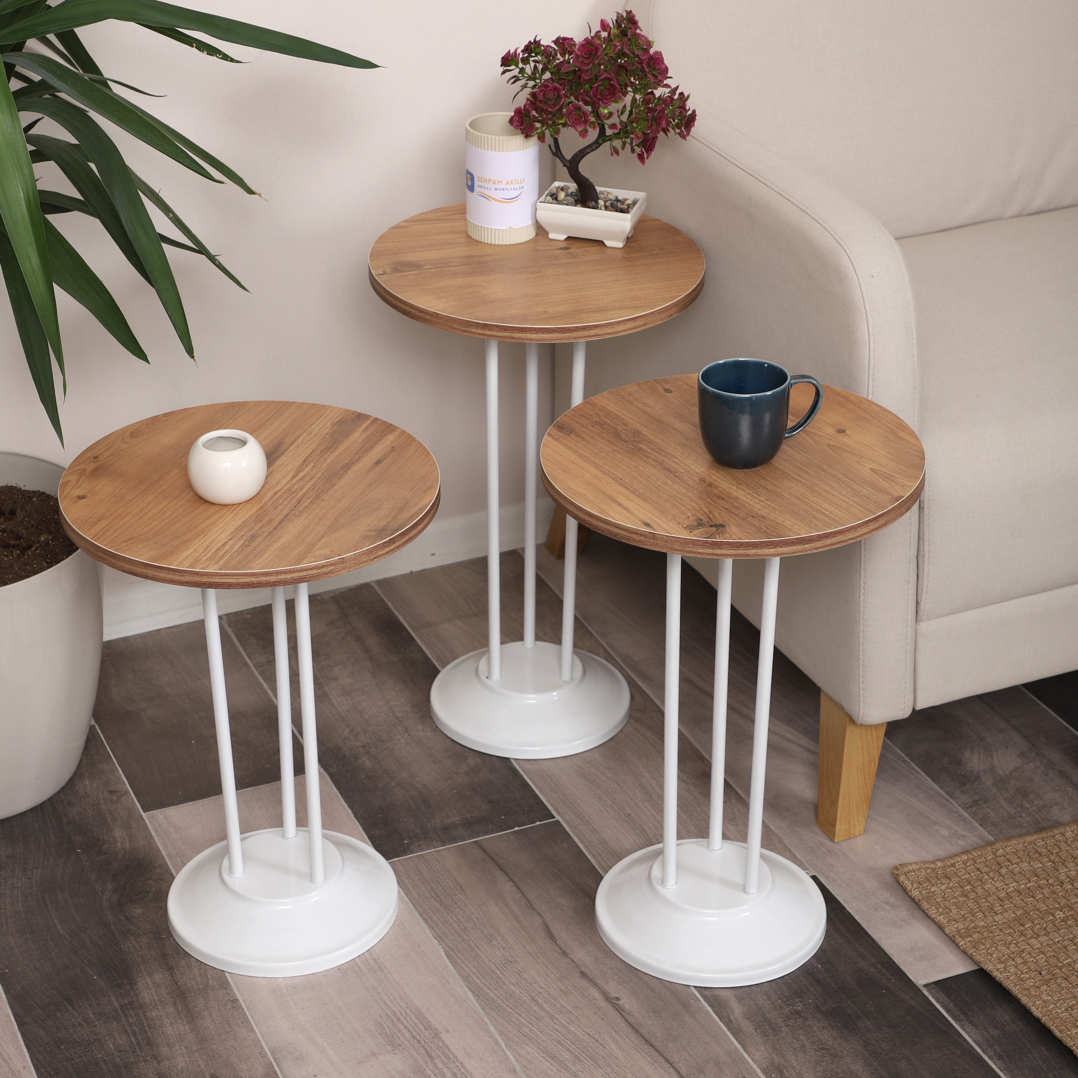 Marbella Nesting Table Series - Efescam MDF Top, White Iron Mechanism