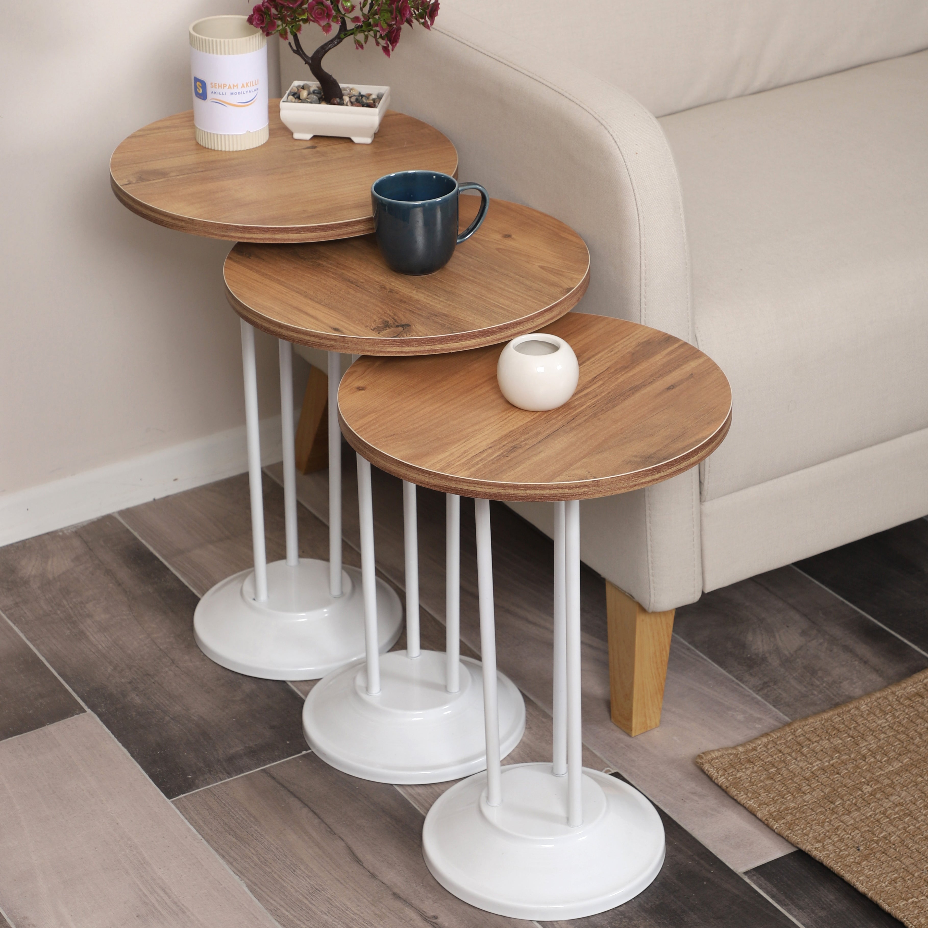Marbella Nesting Table Series - Efescam MDF Top, White Iron Mechanism