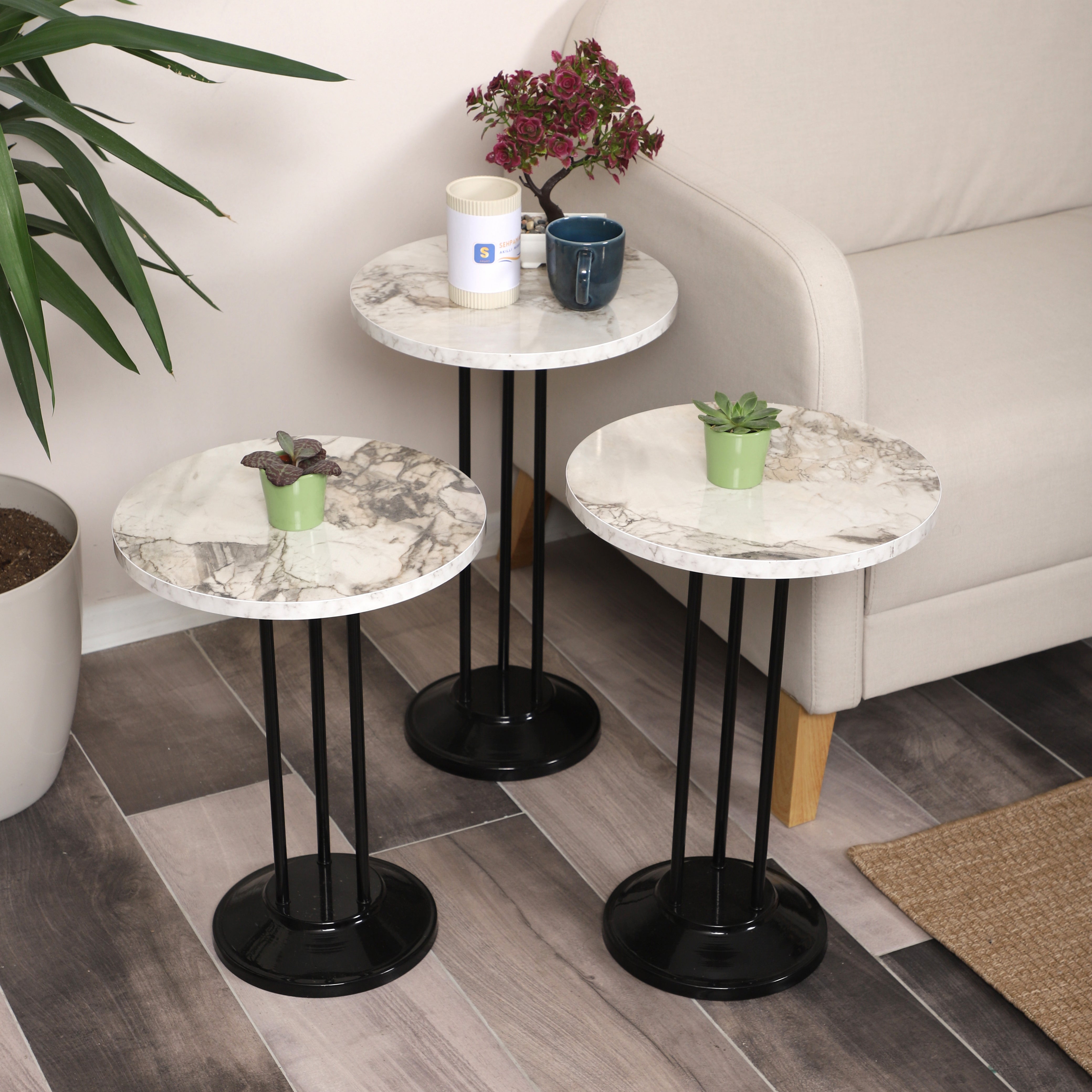 Marbella Nesting Table Series - White Marble MDF Top, Black Iron Mechanism