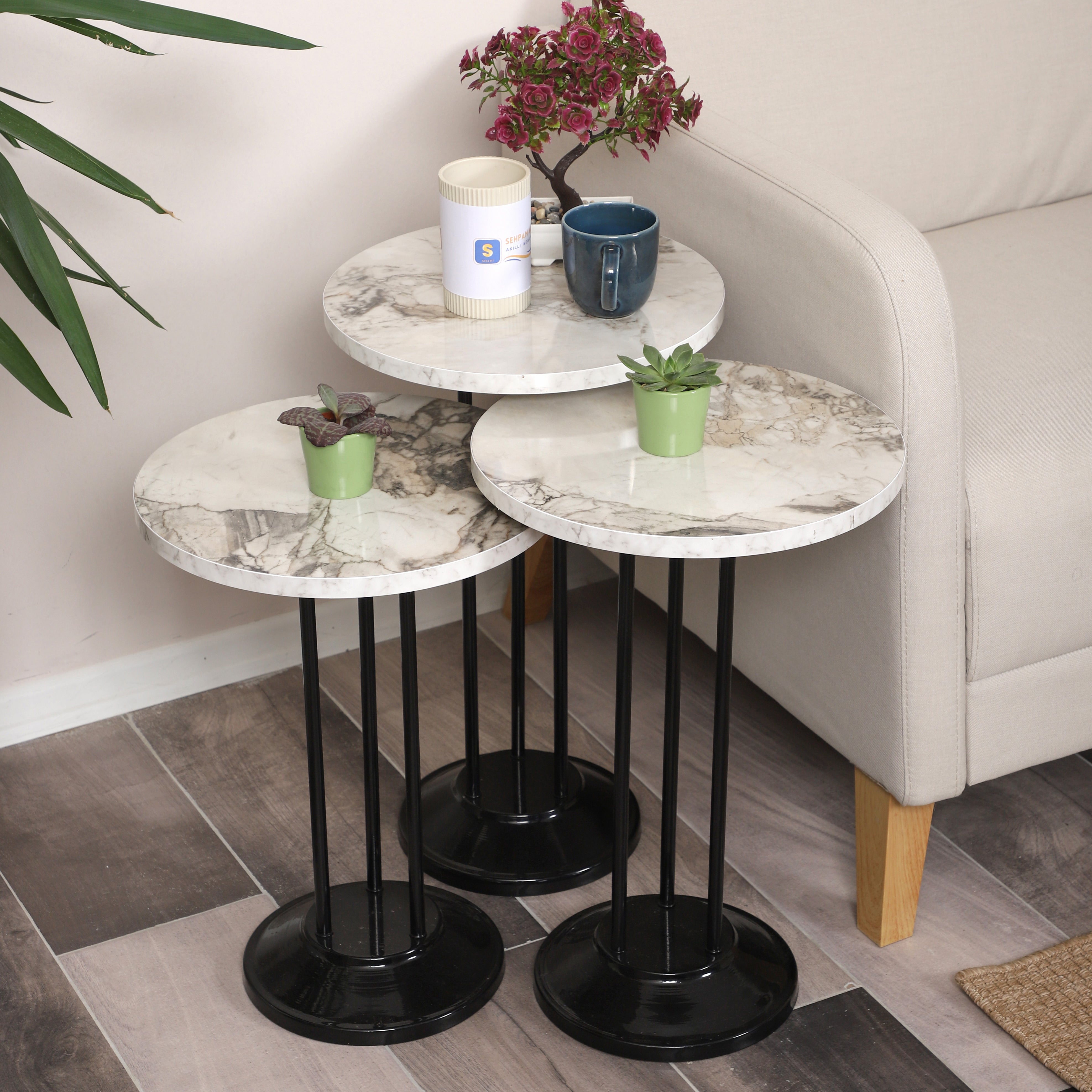 Marbella Nesting Table Series - White Marble MDF Top, Black Iron Mechanism