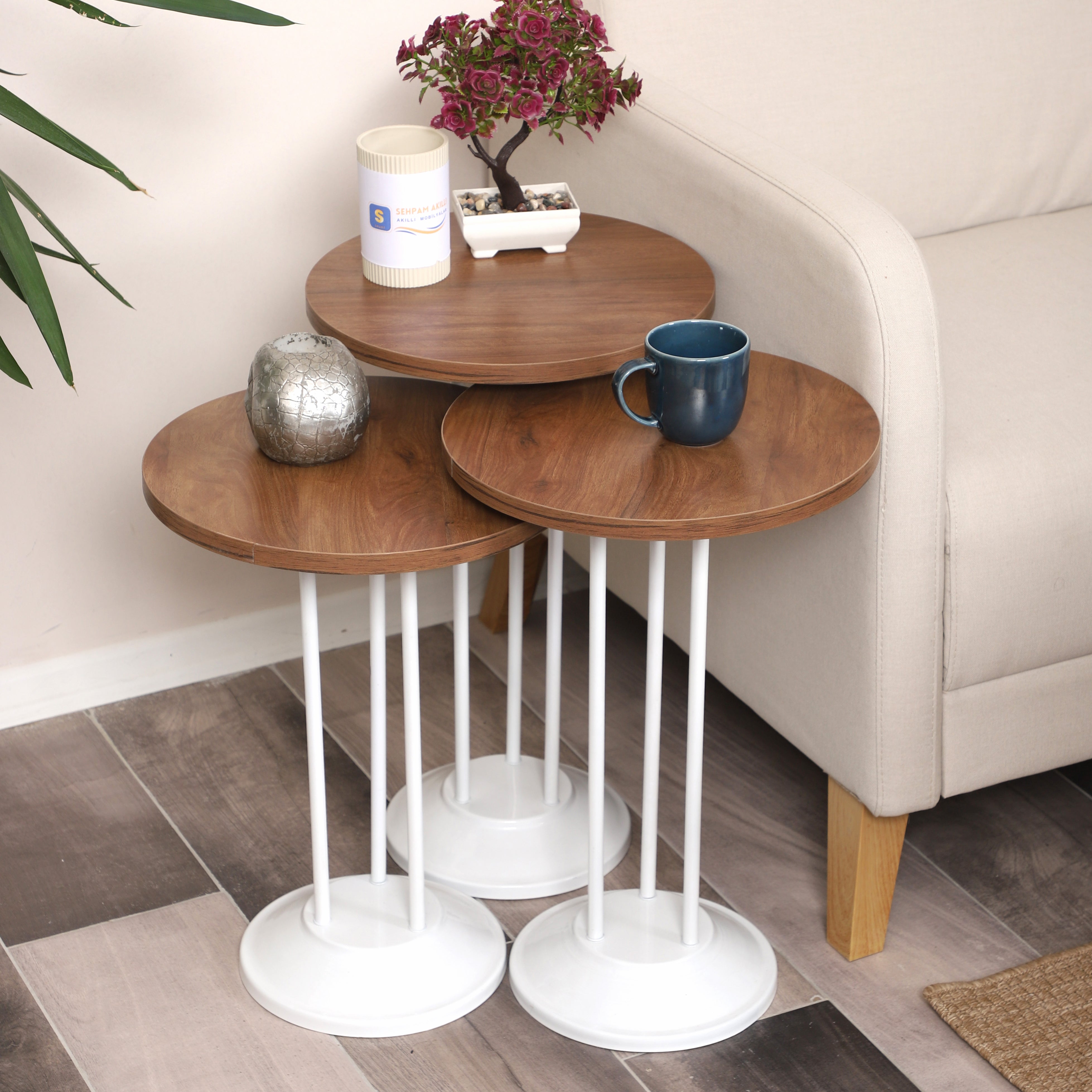Marbella Nesting Table Series - Walnut MDF Top, White Iron Mechanism