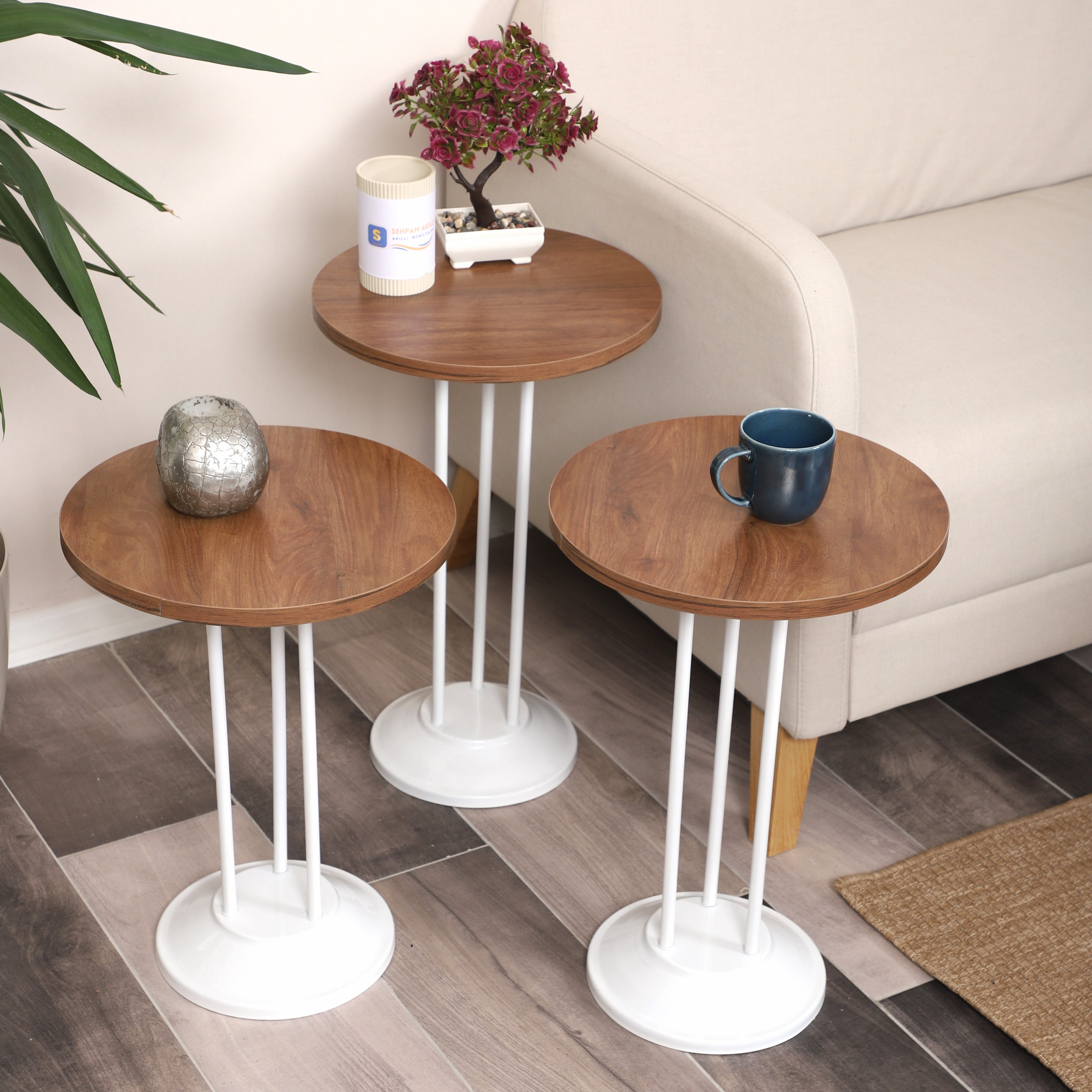 Marbella Nesting Table Series - Walnut MDF Top, White Iron Mechanism