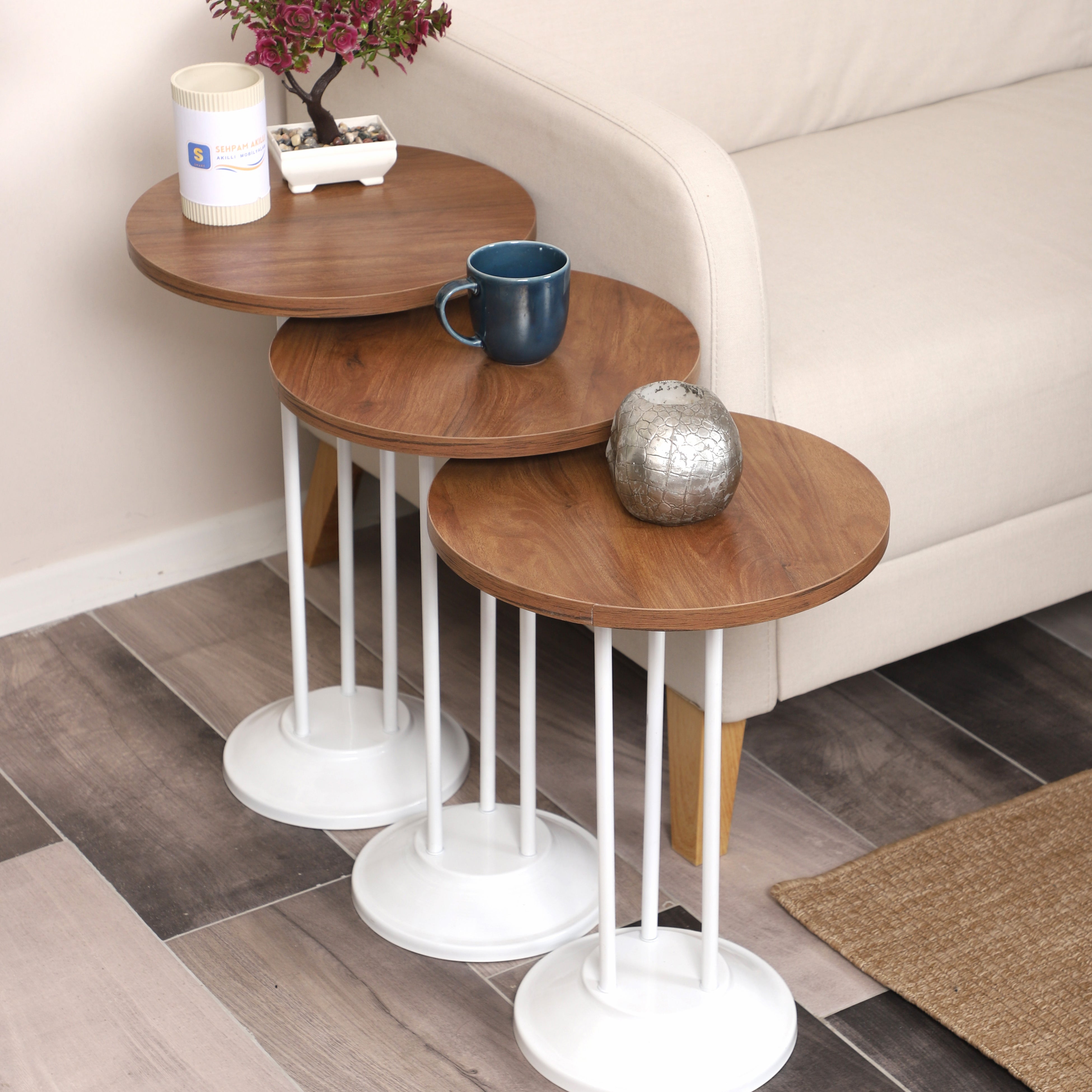Marbella Nesting Table Series - Walnut MDF Top, White Iron Mechanism