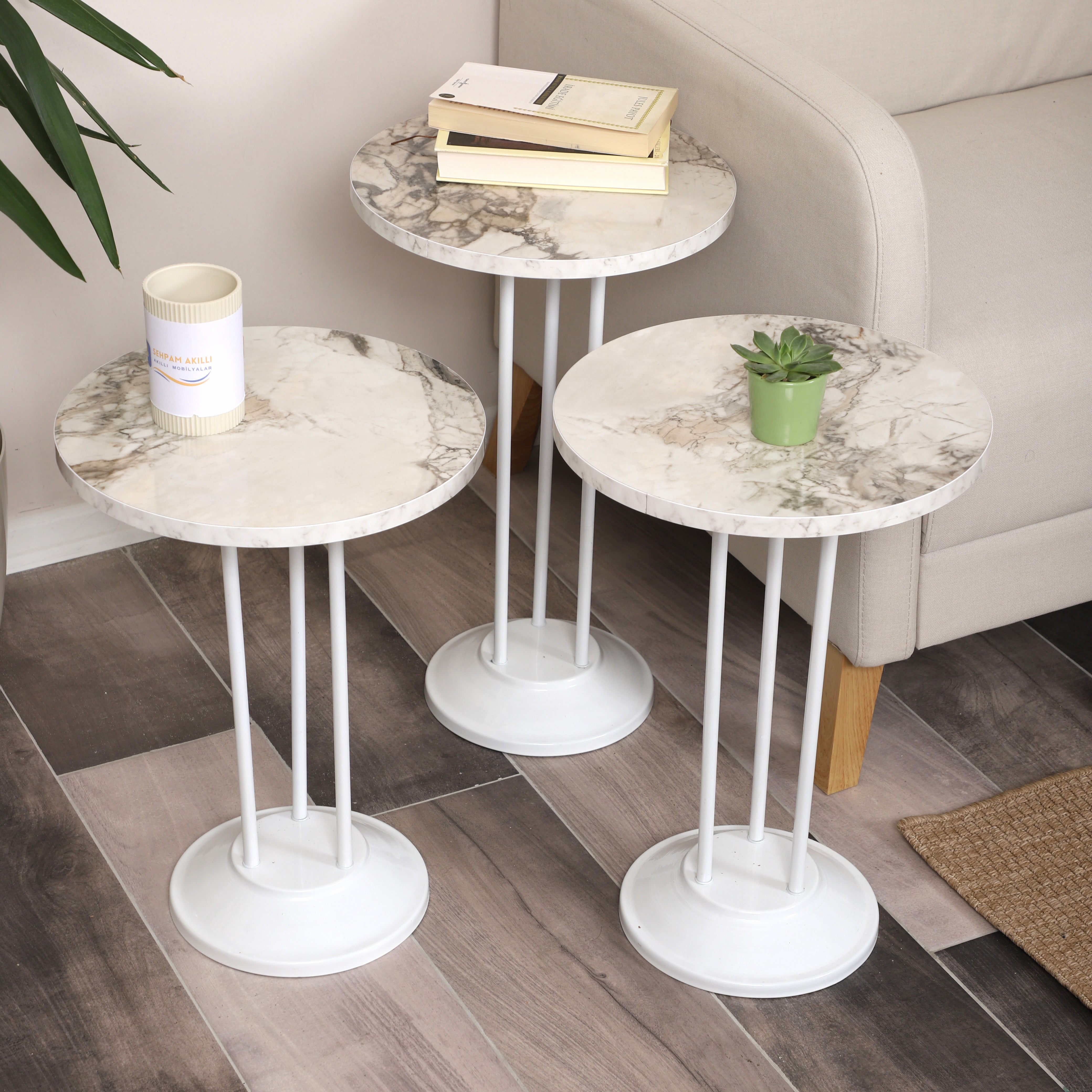 Marbella Nesting Table Series - White Marble MDF Top, White Iron Mechanism