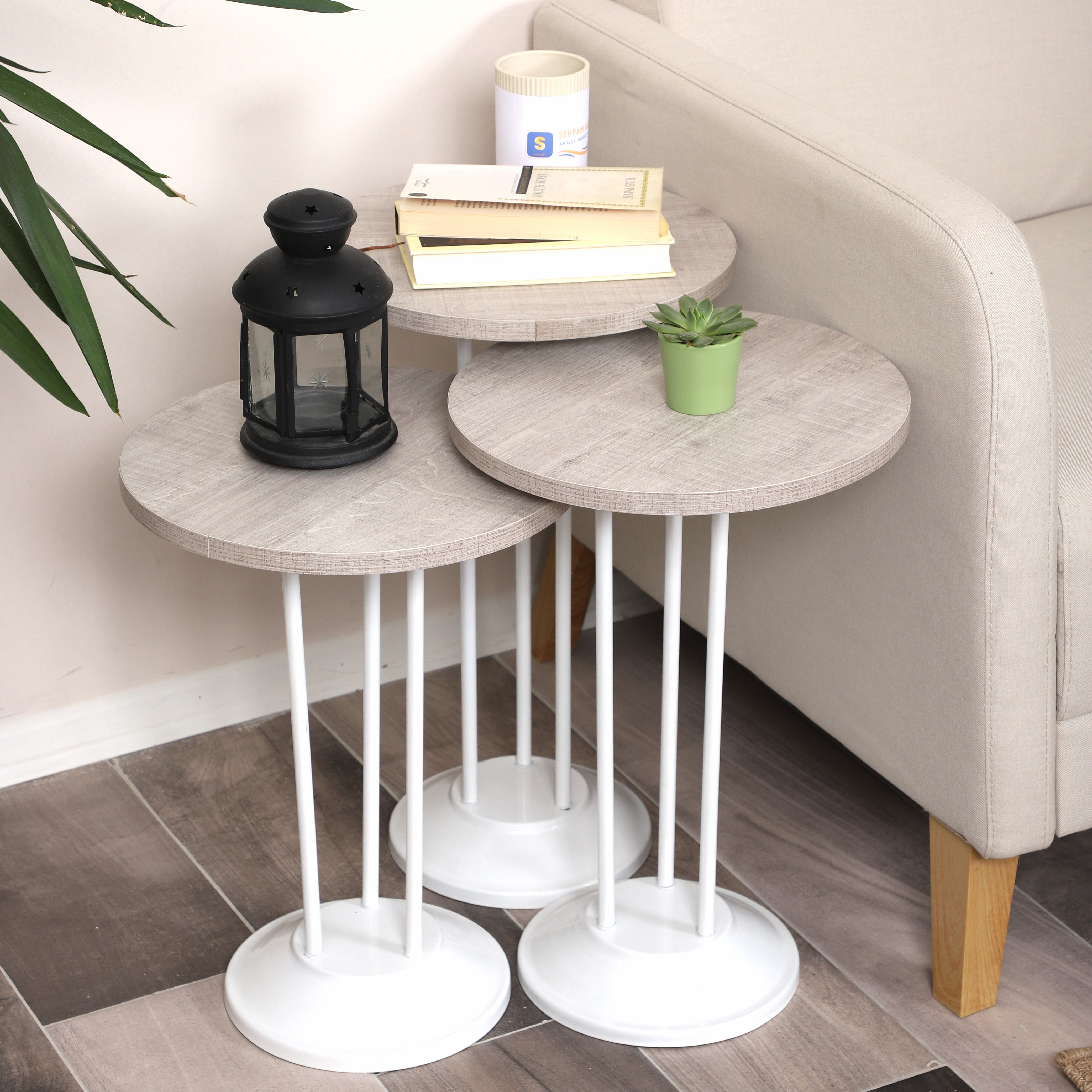 Marbella Nesting Table Series - Lisbon MDF Top, White Iron Mechanism