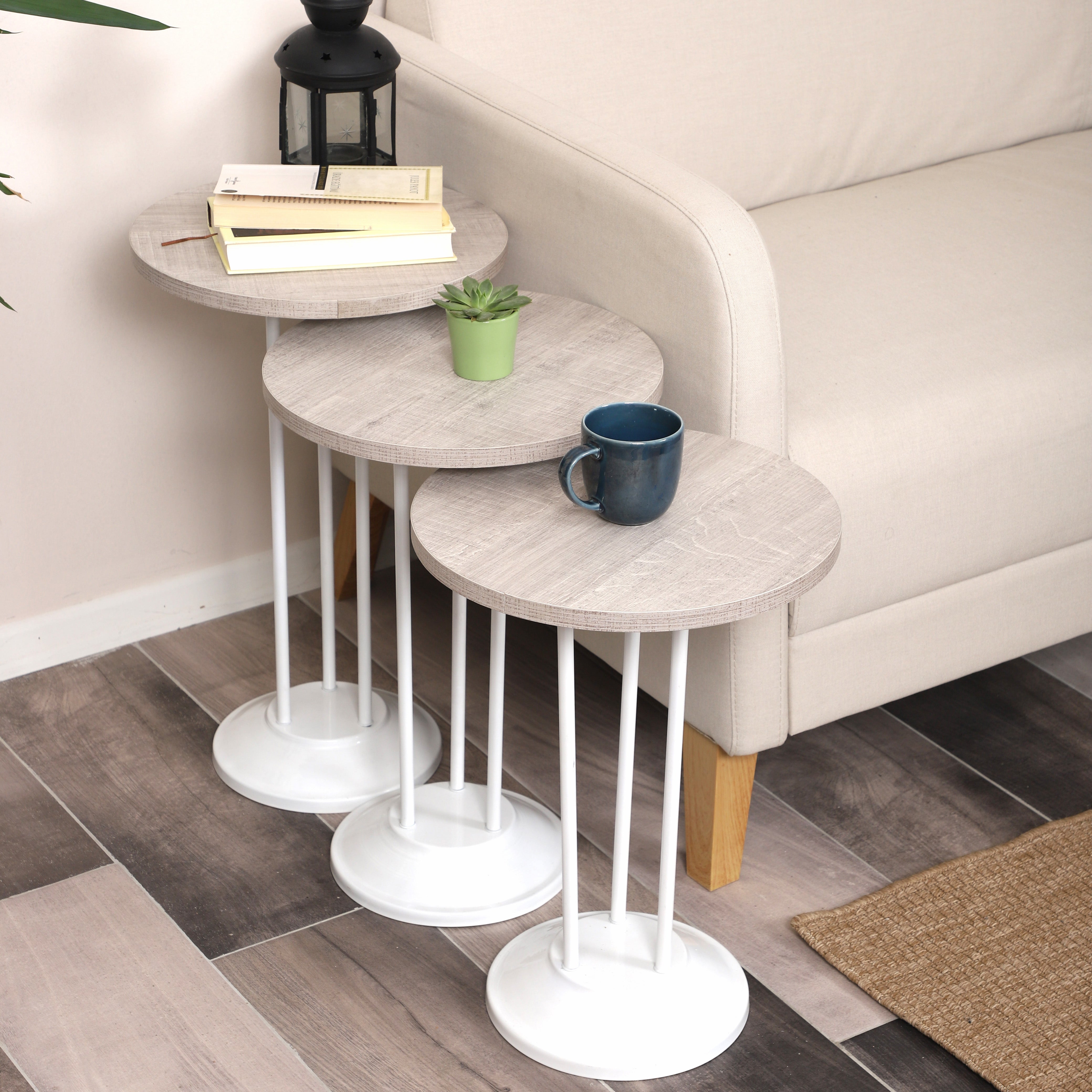 Marbella Nesting Table Series - Lisbon MDF Top, White Iron Mechanism