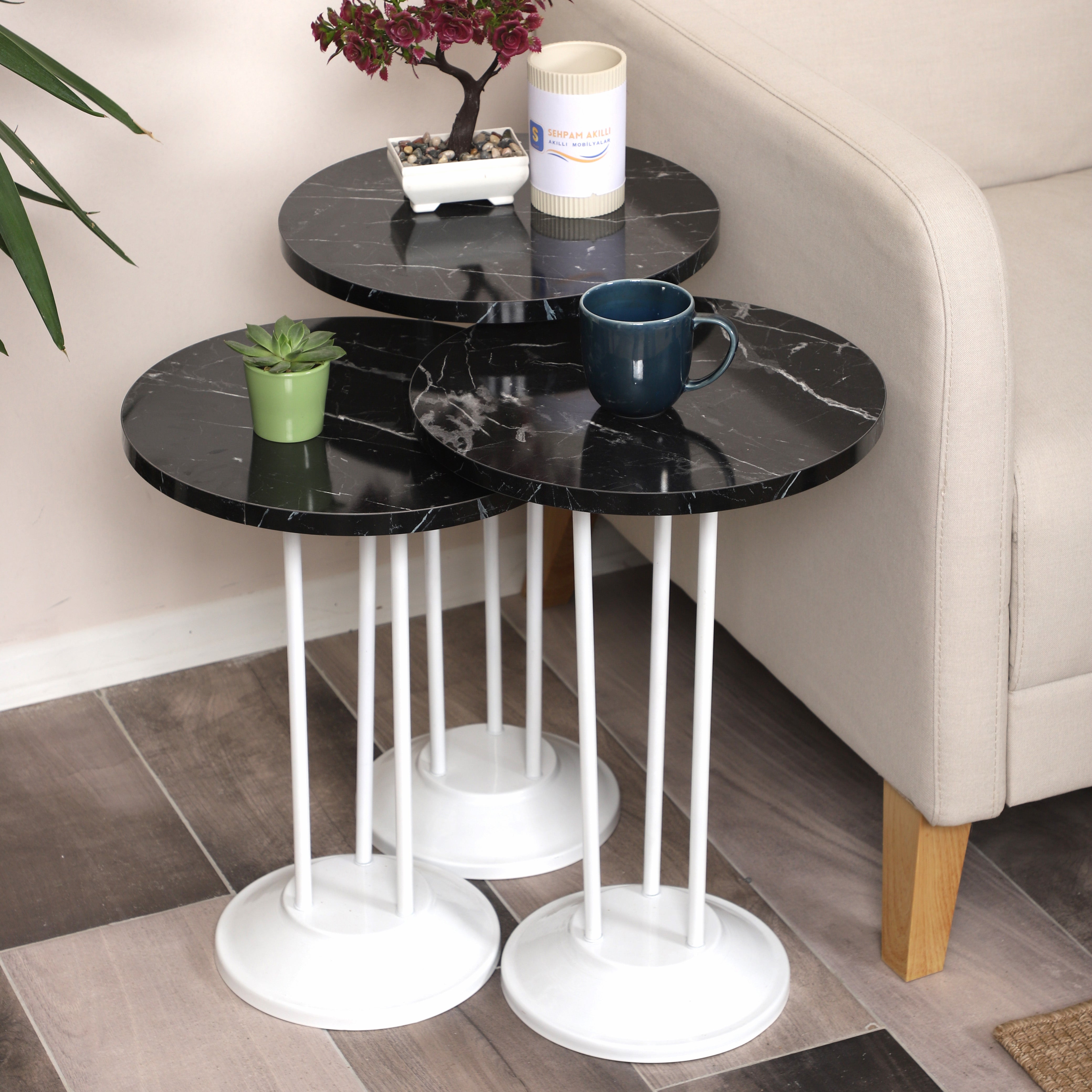 Marbella Nesting Table Series - Black Marble MDF Top, White Iron Mechanism
