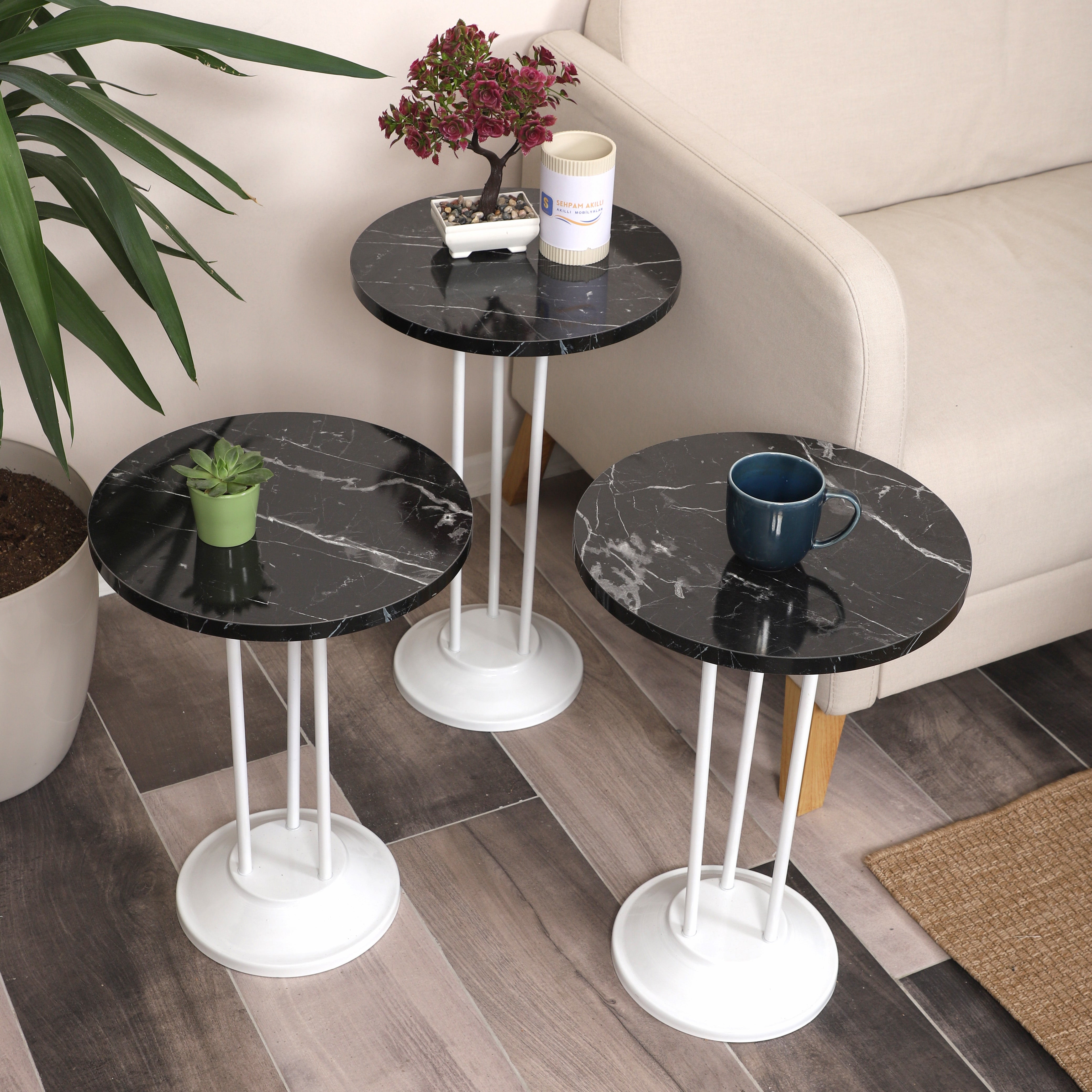 Marbella Nesting Table Series - Black Marble MDF Top, White Iron Mechanism
