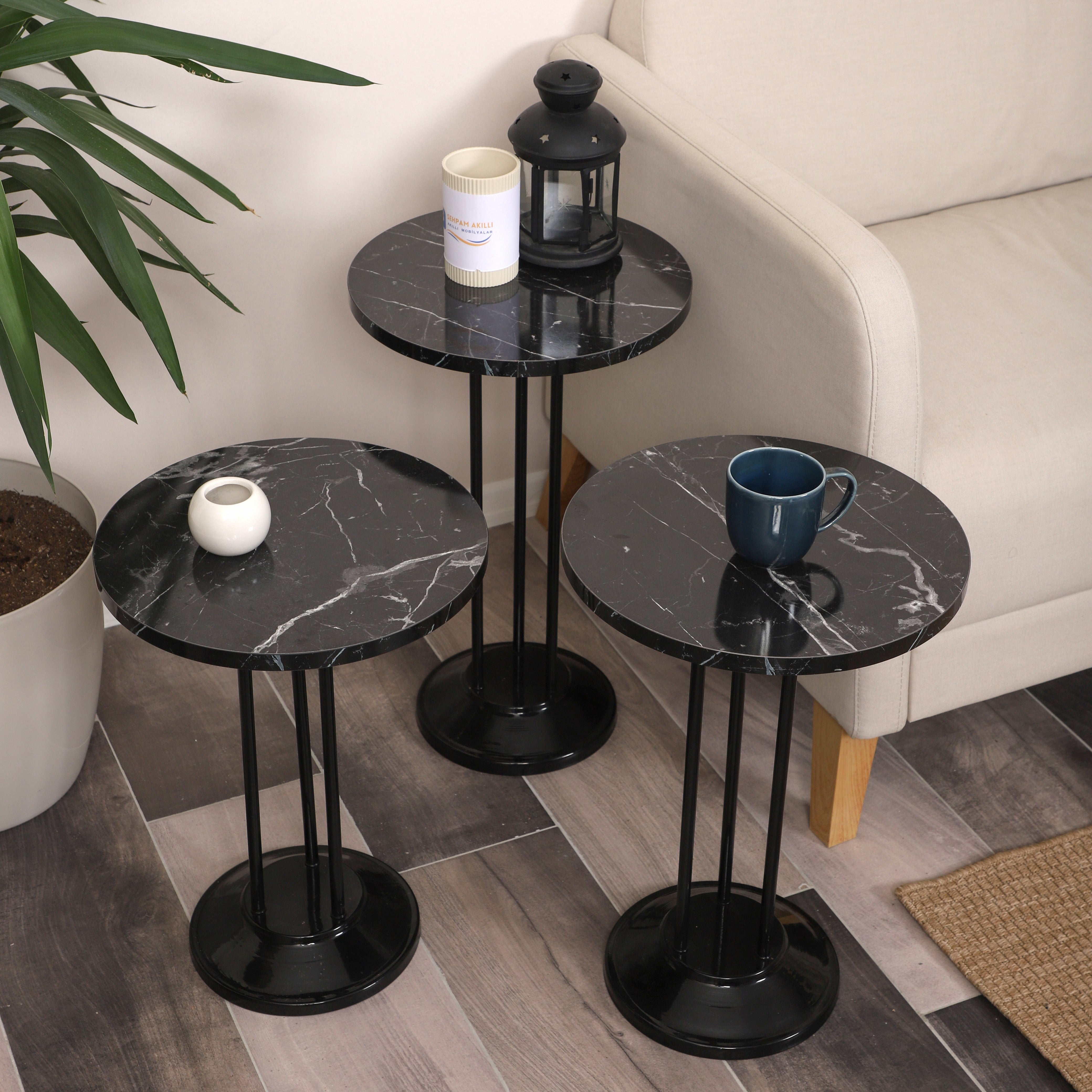 Marbella Nesting Table Series - Black Marble MDF Top, Black Iron Mechanism