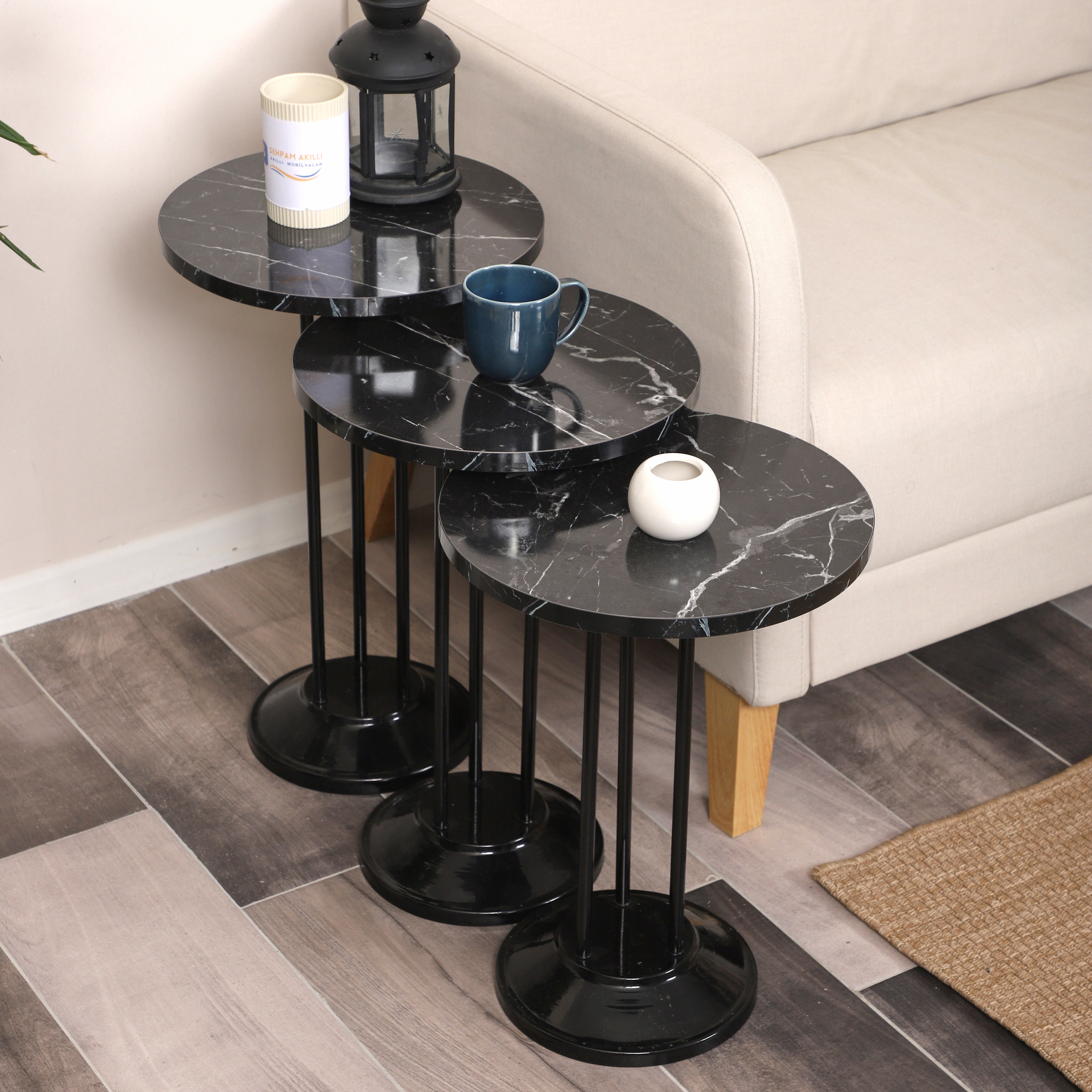 Marbella Nesting Table Series - Black Marble MDF Top, Black Iron Mechanism