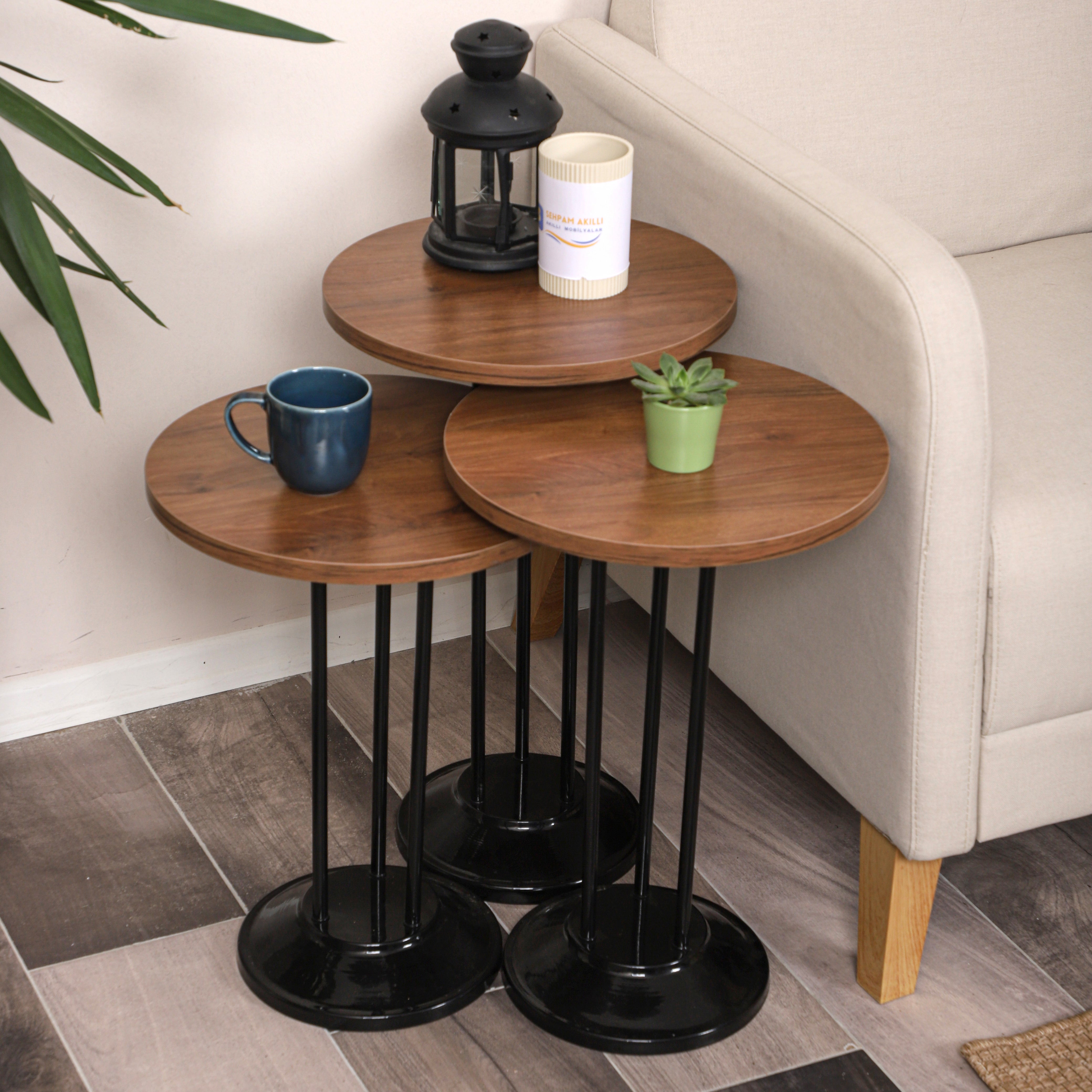 Marbella Nesting Table Series - Walnut MDF Top, Black Iron Mechanism