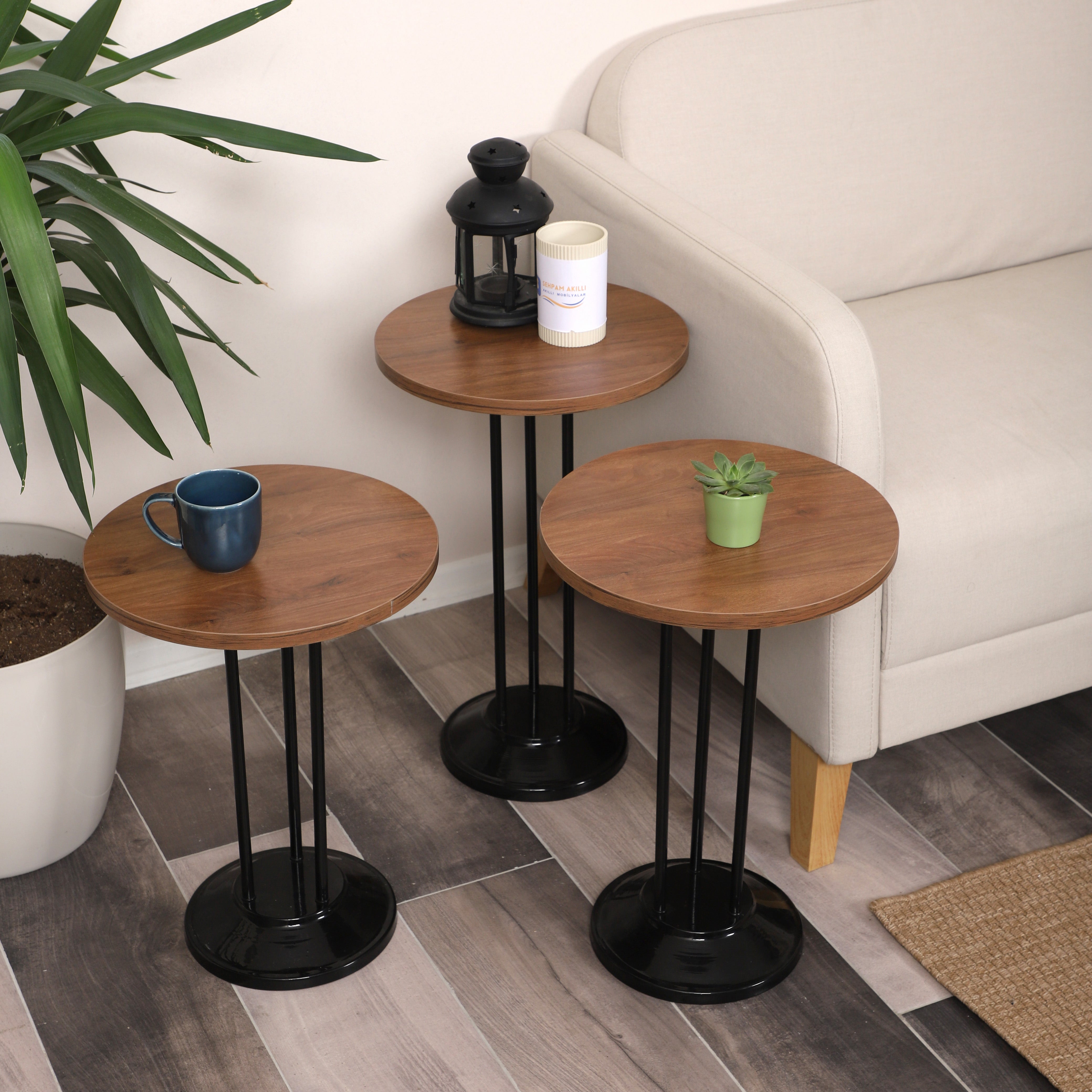 Marbella Nesting Table Series - Walnut MDF Top, Black Iron Mechanism