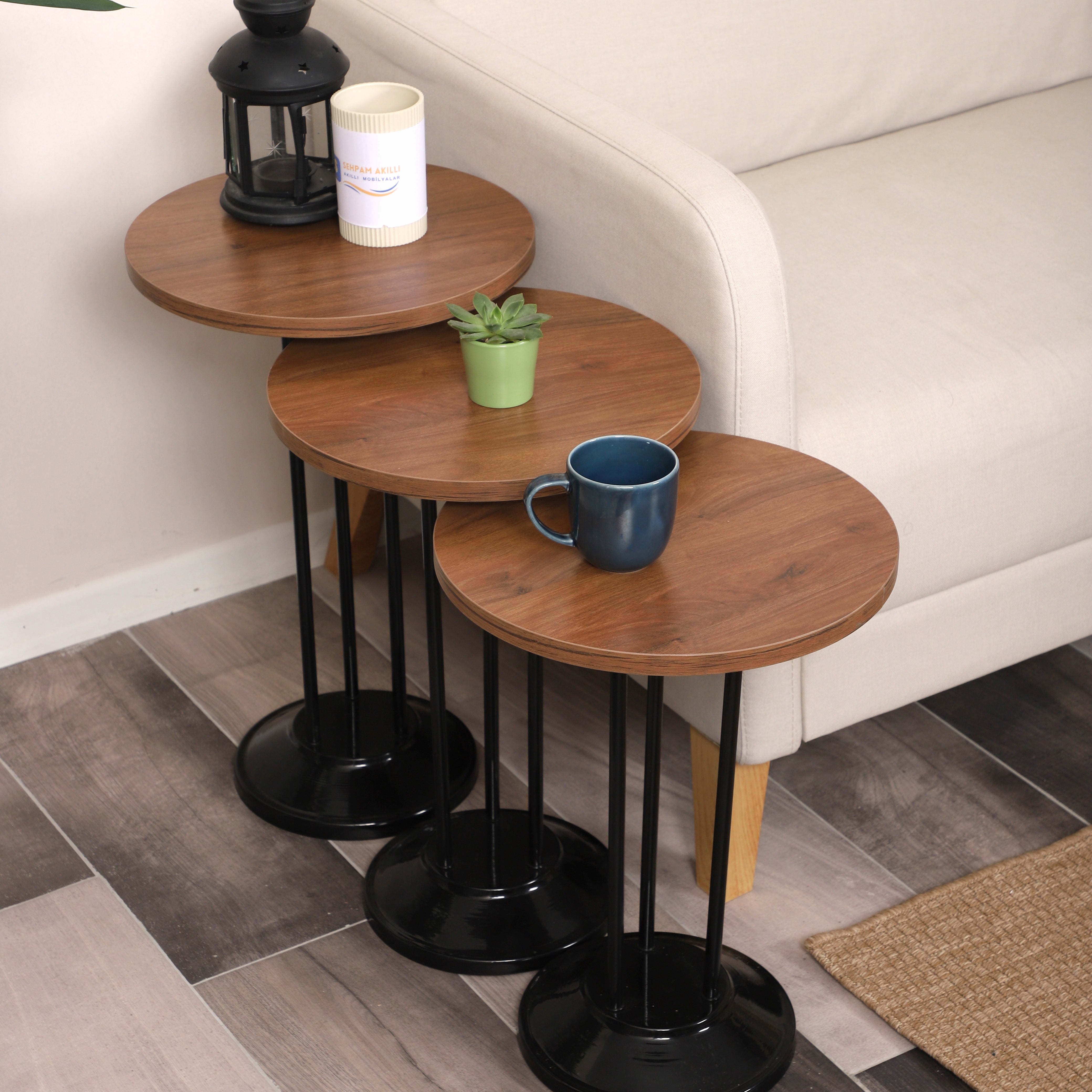 Marbella Nesting Table Series - Walnut MDF Top, Black Iron Mechanism